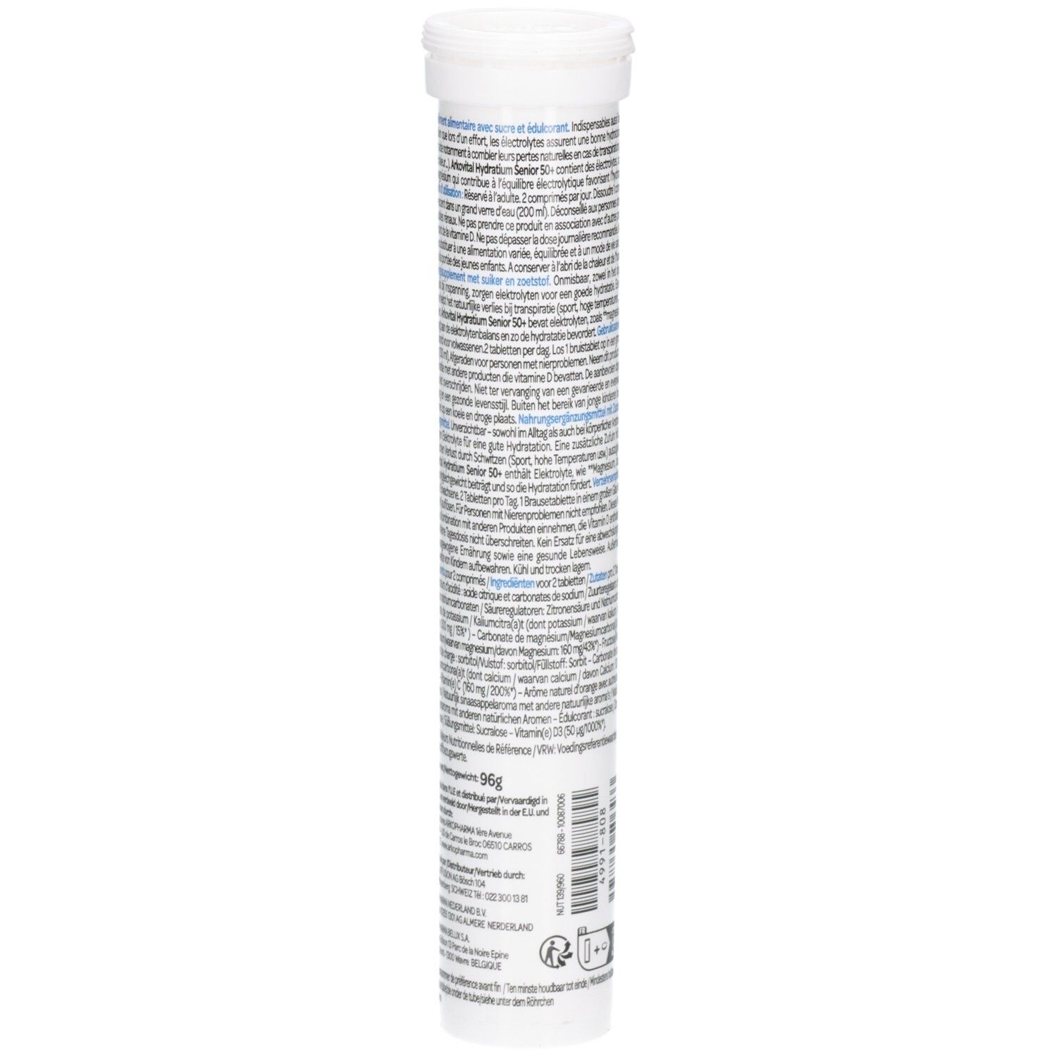 Rückseite der Verpackung von Arkovital Hydratium Senior 50+. Text in mehreren Sprachen. Gewicht: 96g.