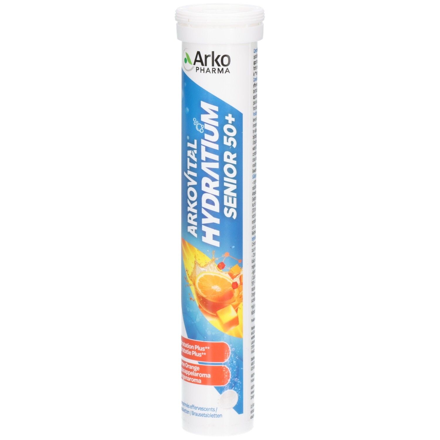 Zylindrische Verpackung von Arkovital Hydratium Senior 50+. Weißer Deckel, blaue und orangefarbene Grafik. Enthält Brausetabletten.