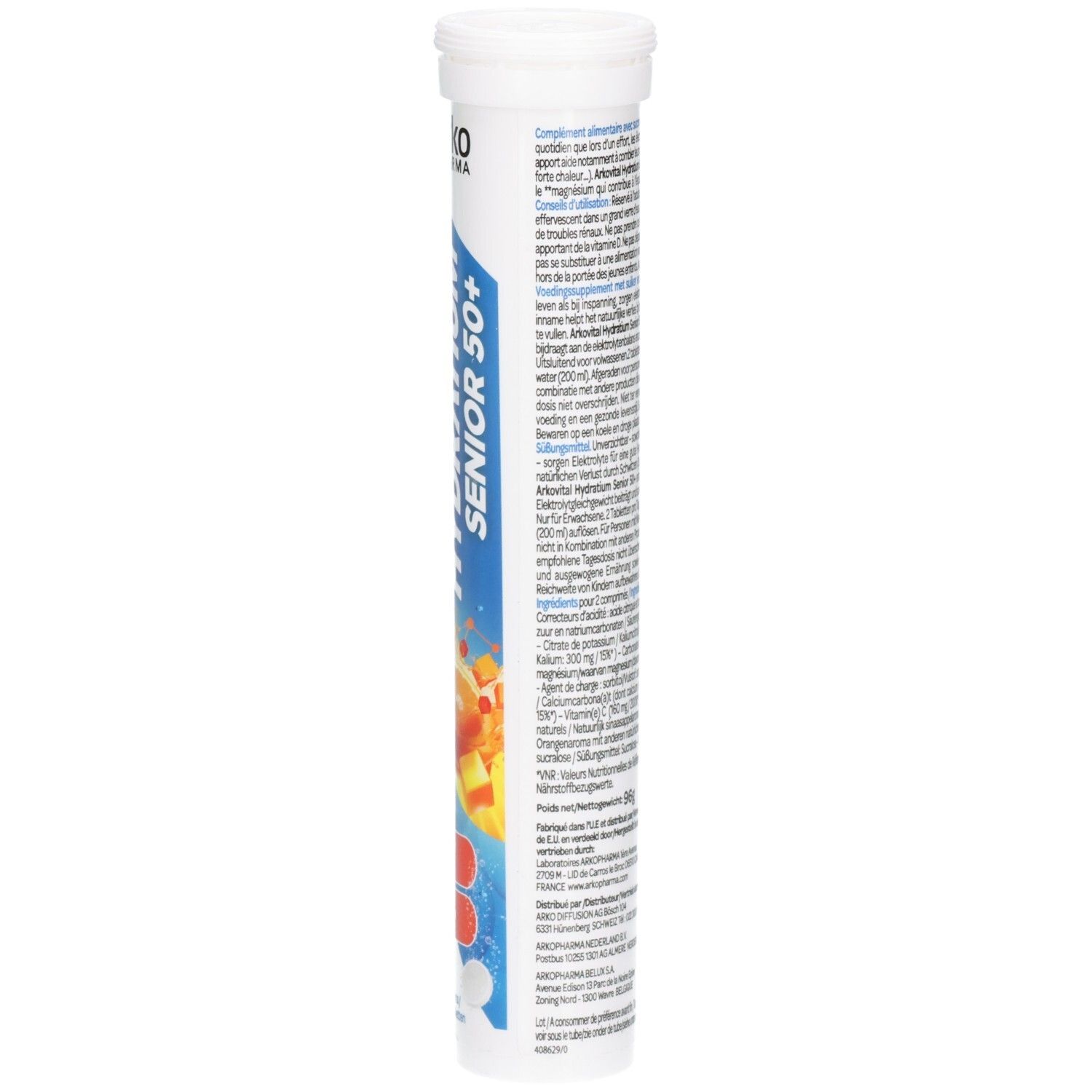 Rückseite der Verpackung von Arkovital Hydratium Senior 50+. Text in mehreren Sprachen. Enthält 24 Brausetabletten.