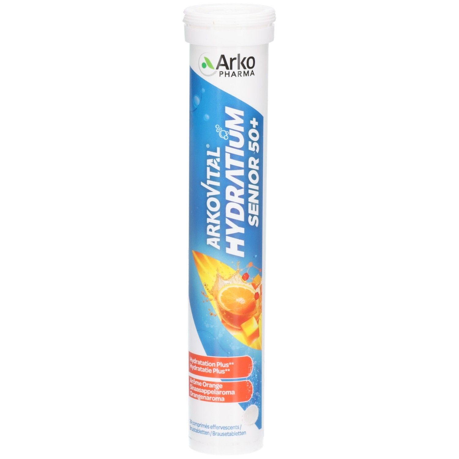 Zylindrische Verpackung von Arkovital Hydratium Senior 50+. Weißer Deckel, blaue und orangefarbene Grafik. Enthält Brausetabletten.