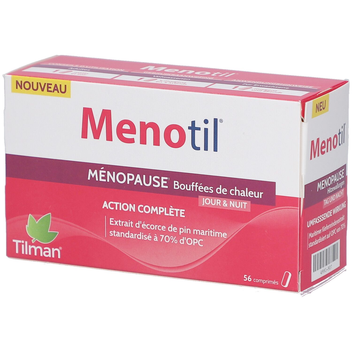 Schachtel mit Menotil. Aufschrift: Menopause, Hitzewallungen, Tag & Nacht. Enthält 56 Tabletten. Marke Tilman.