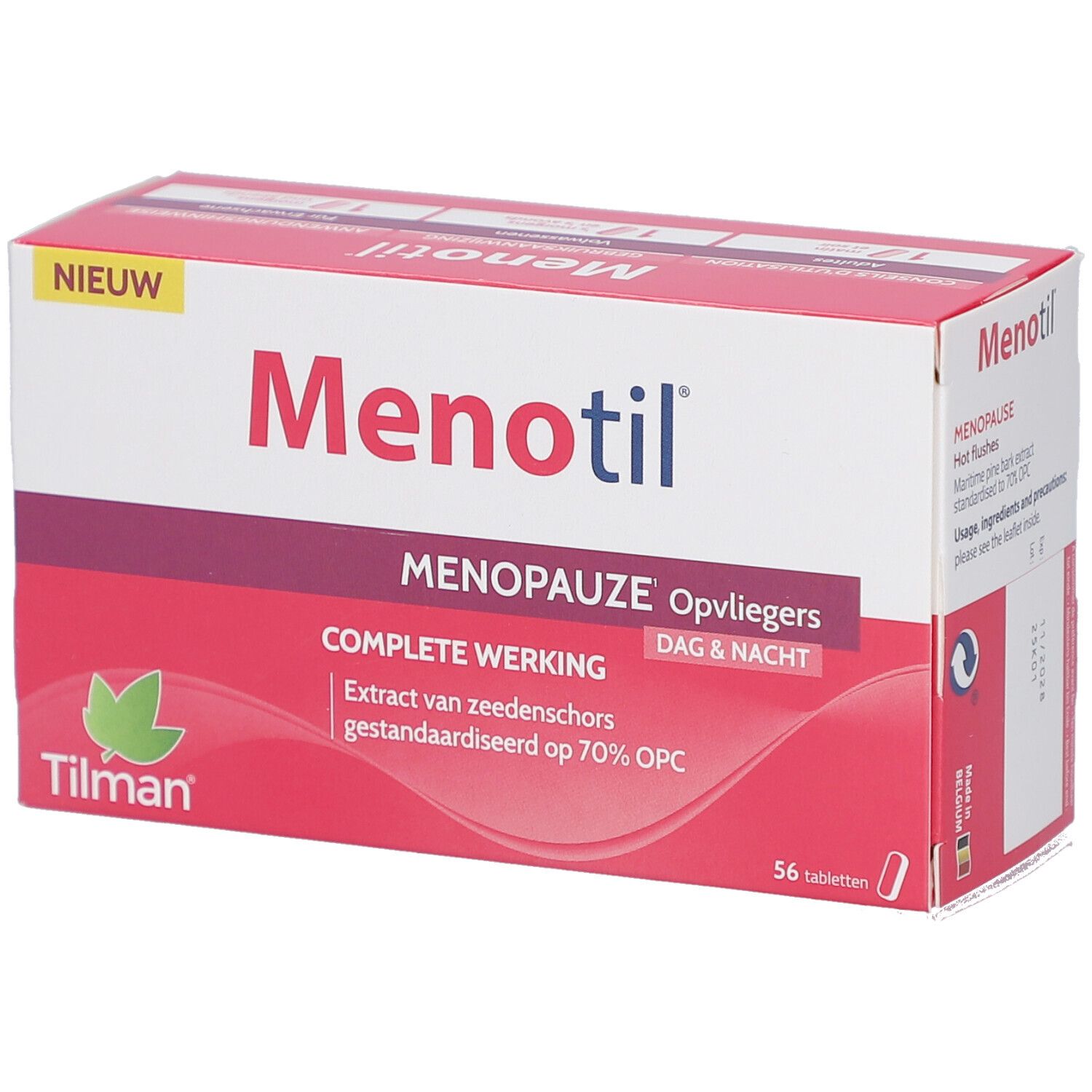Schachtel mit Menotil. Aufschrift: Menopause, Hitzewallungen, Tag & Nacht. Enthält 56 Tabletten. Marke Tilman.