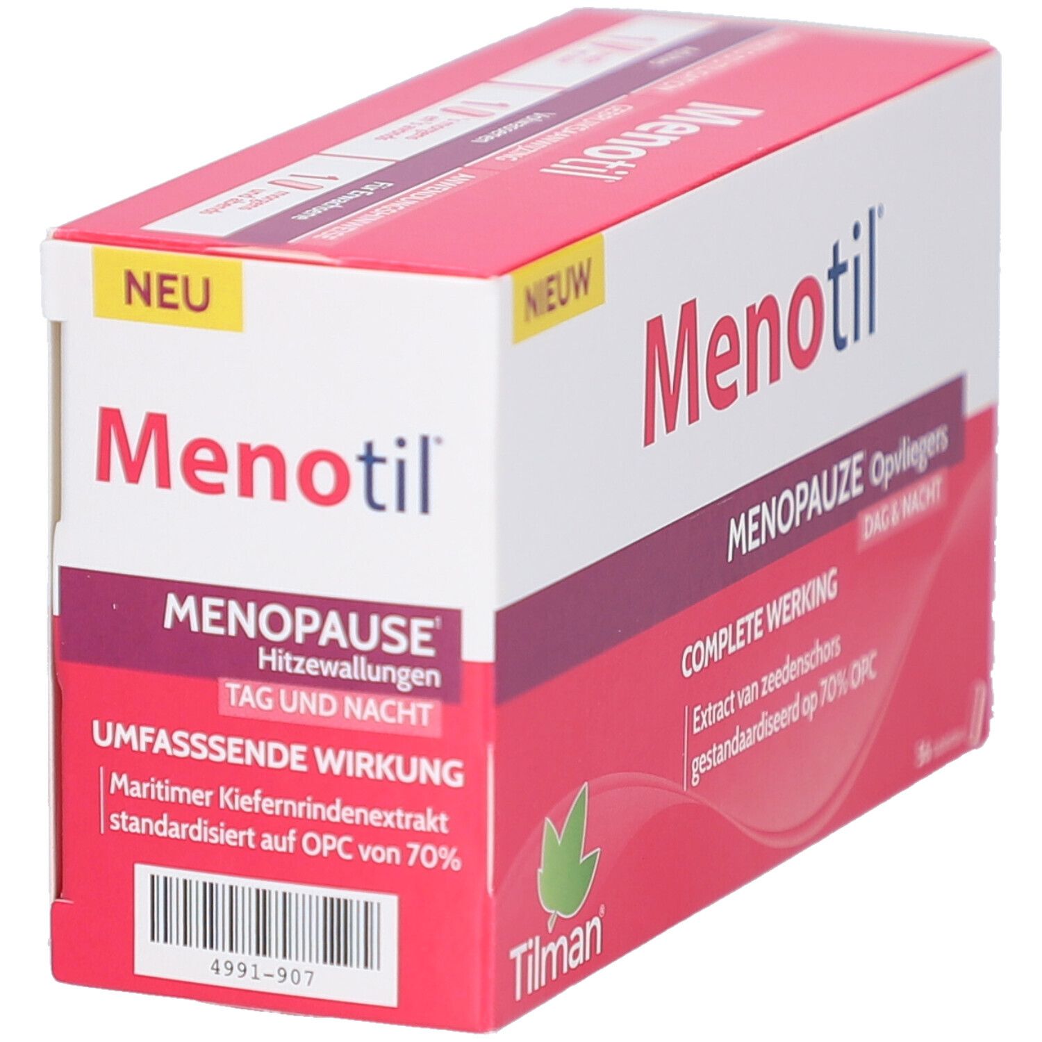 Schachtel Menotil, Seitenansicht. Aufschrift: Menopause, Hitzewallungen, Tag und Nacht. Marke Tilman.