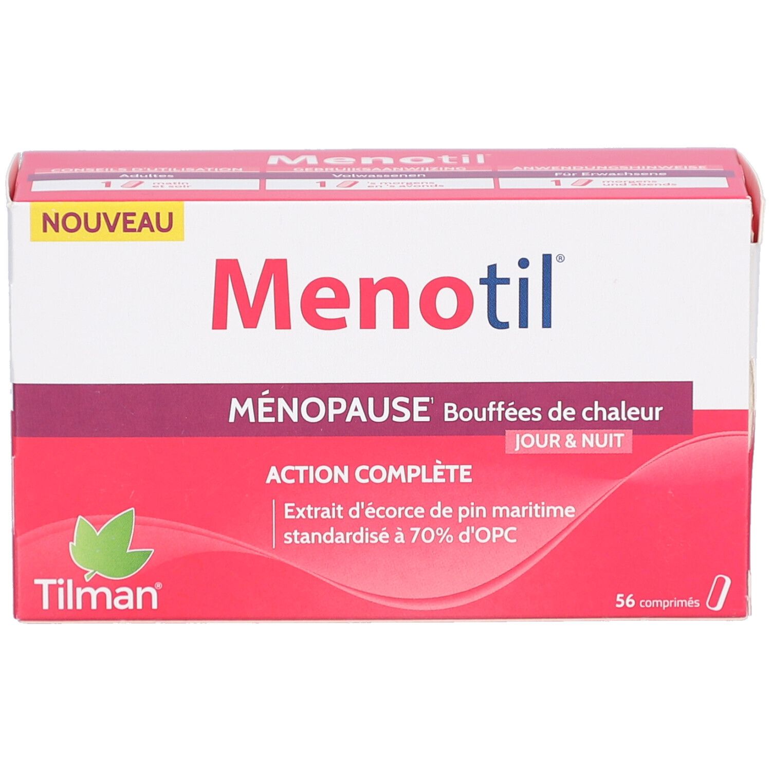 Schachtel mit Menotil. Aufschrift: Menopause, Hitzewallungen, Tag & Nacht. Enthält 56 Tabletten. Marke Tilman.