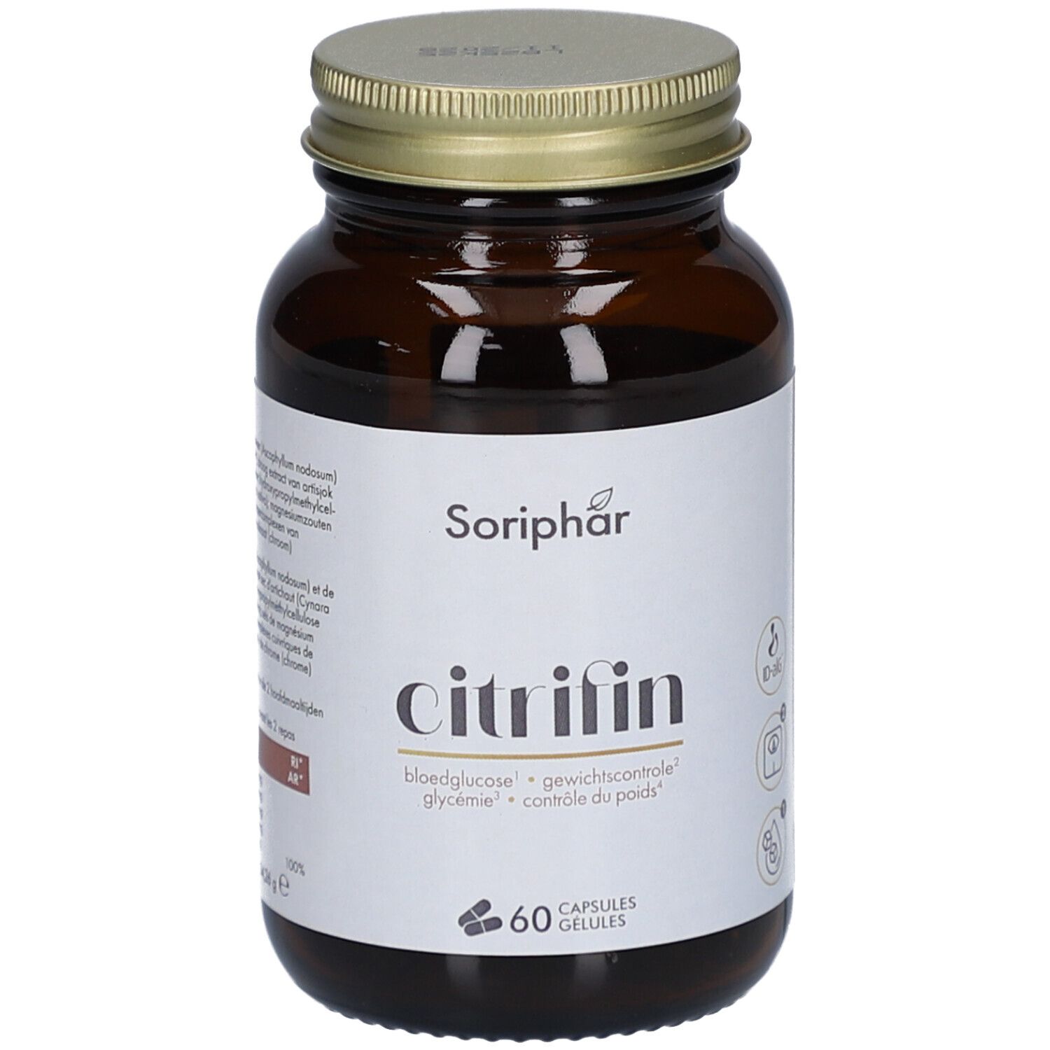 Braune Glasflasche mit goldfarbenem Deckel. Weißes Etikett mit "Soriphar Citrifin" und Angaben zu Inhaltsstoffen.