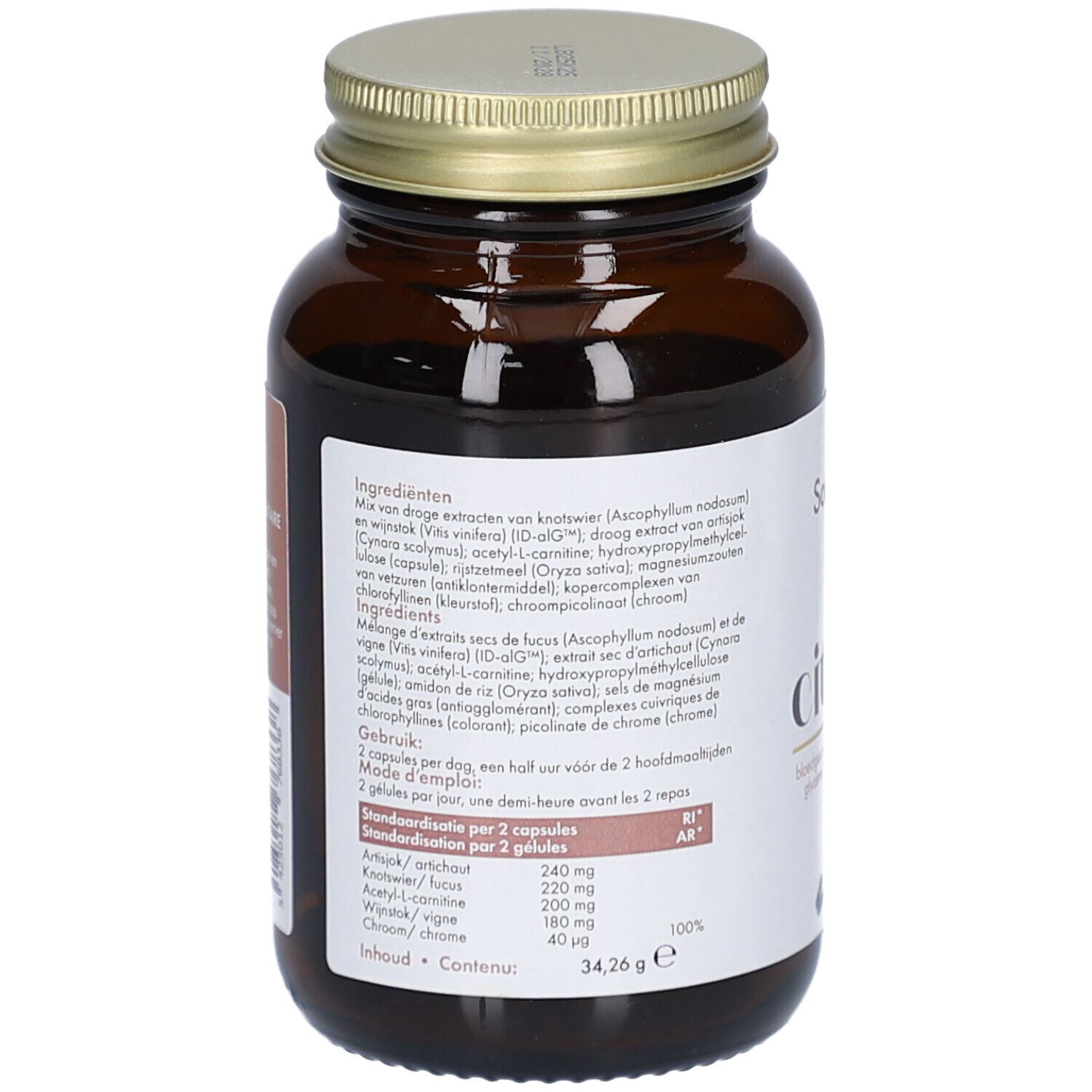 Rückseite der braunen Glasflasche. Etikett mit Inhaltsstoffen, Dosierung und Nährwertangaben.