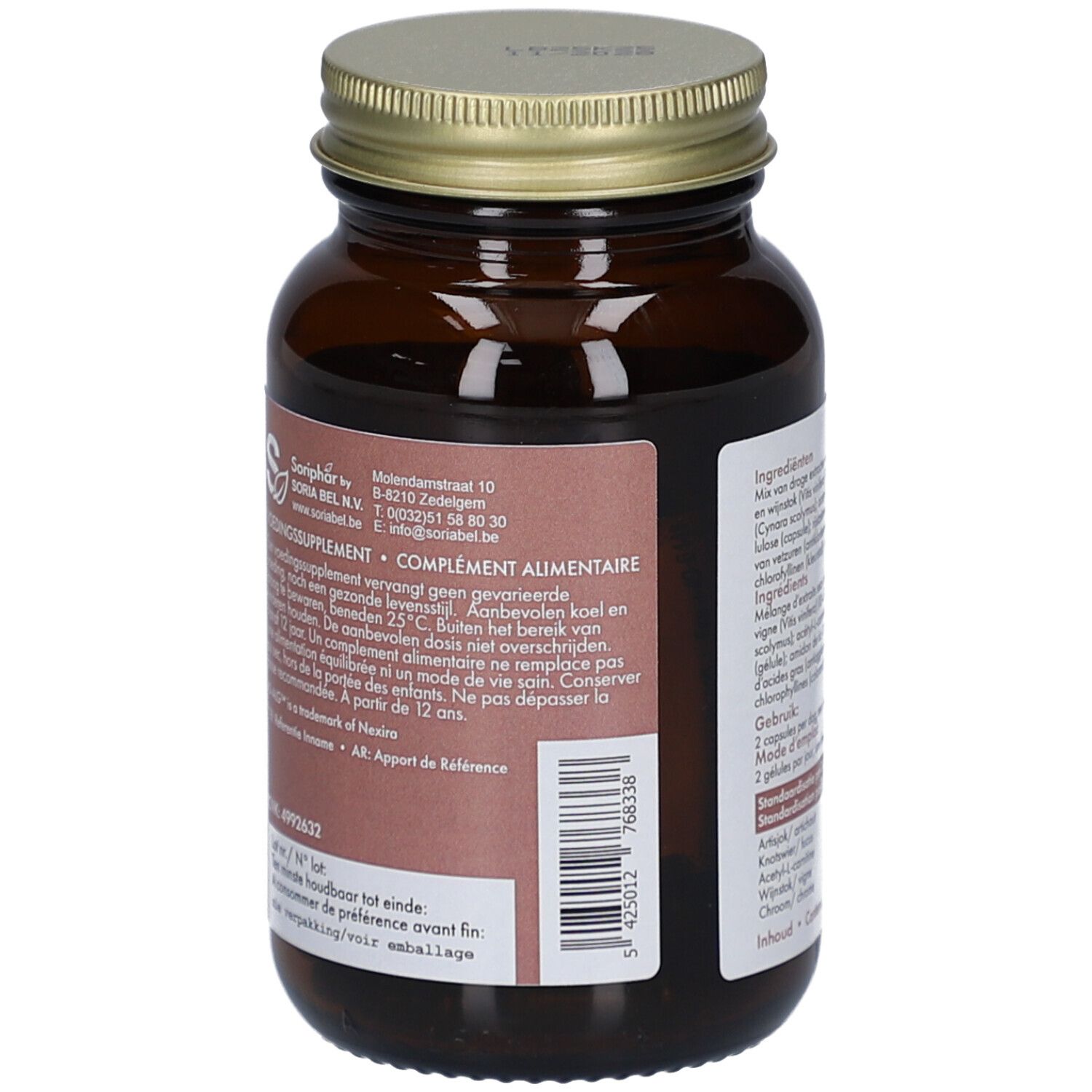 Rückseite der braunen Glasflasche. Etikett mit Herstellerinformationen und Warnhinweisen.