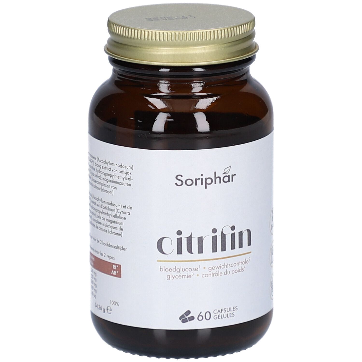 Braune Glasflasche mit goldfarbenem Deckel. Weißes Etikett mit "Soriphar Citrifin" und Angaben zu Inhaltsstoffen.