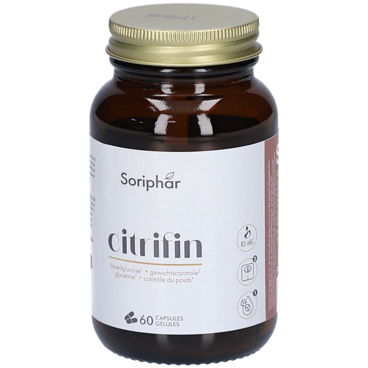 Braune Glasflasche mit goldfarbenem Deckel. Weißes Etikett mit "Soriphar Citrifin" und Piktogrammen.
