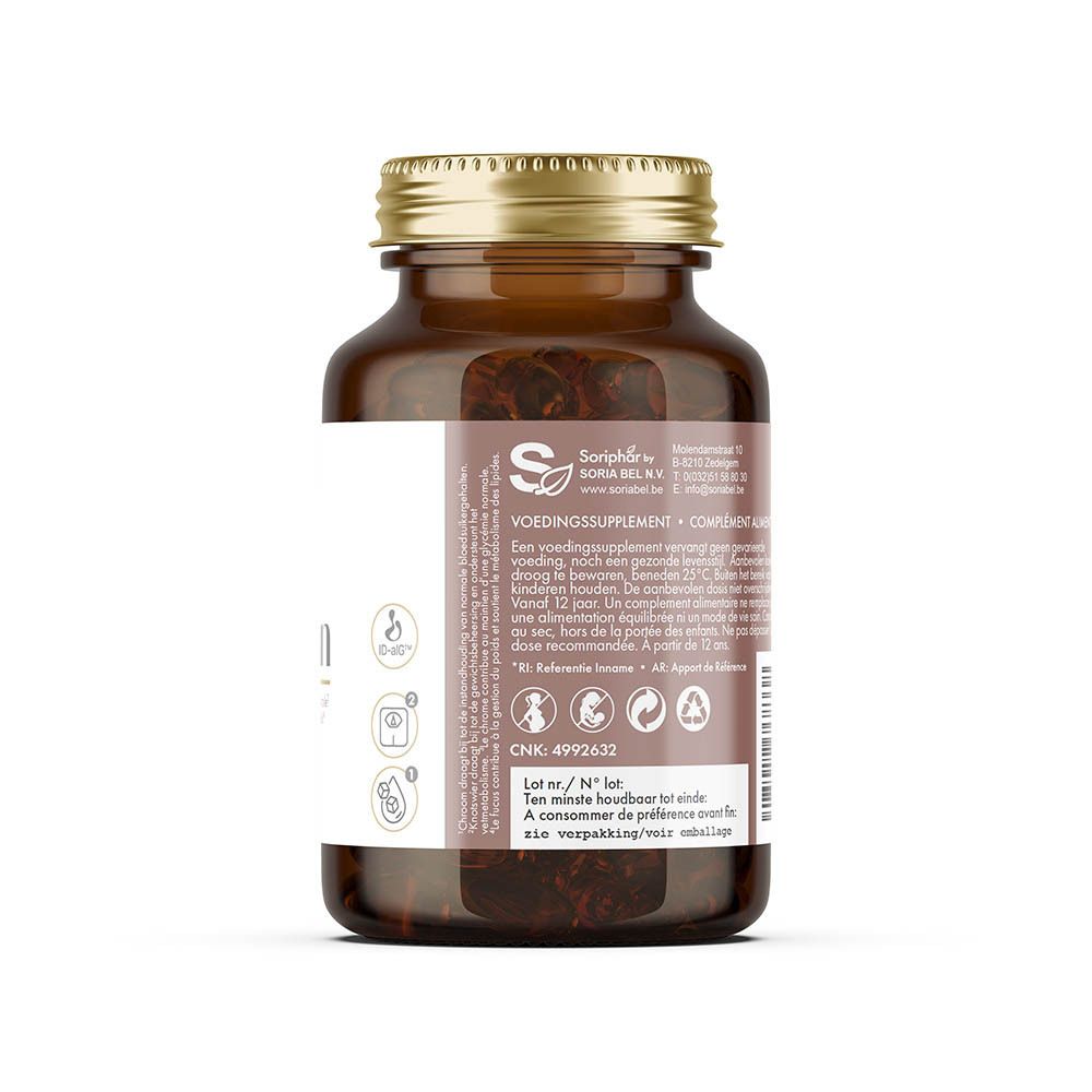 Dos du flacon en verre brun. Étiquette avec informations fabricant et avertissements.