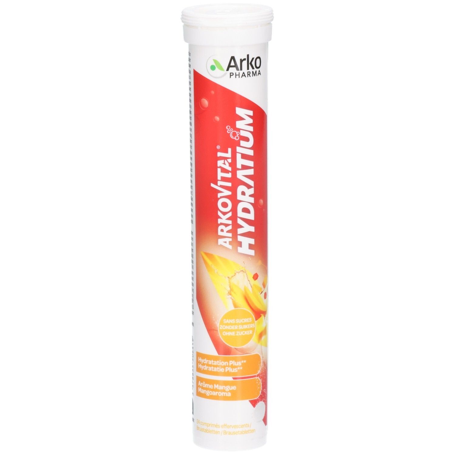 Zylindrische Tube mit Tabletten. Aufschrift: Arkopharma Arkovital Hydratium. Roter Hintergrund, gelbe Illustration.