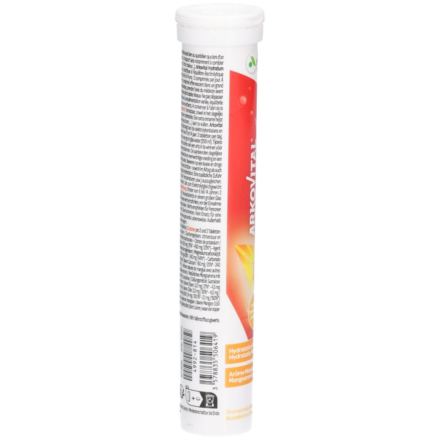 Rückseite der Tablettentube. Text in mehreren Sprachen. Inhaltsstoffe und Nährwertangaben.