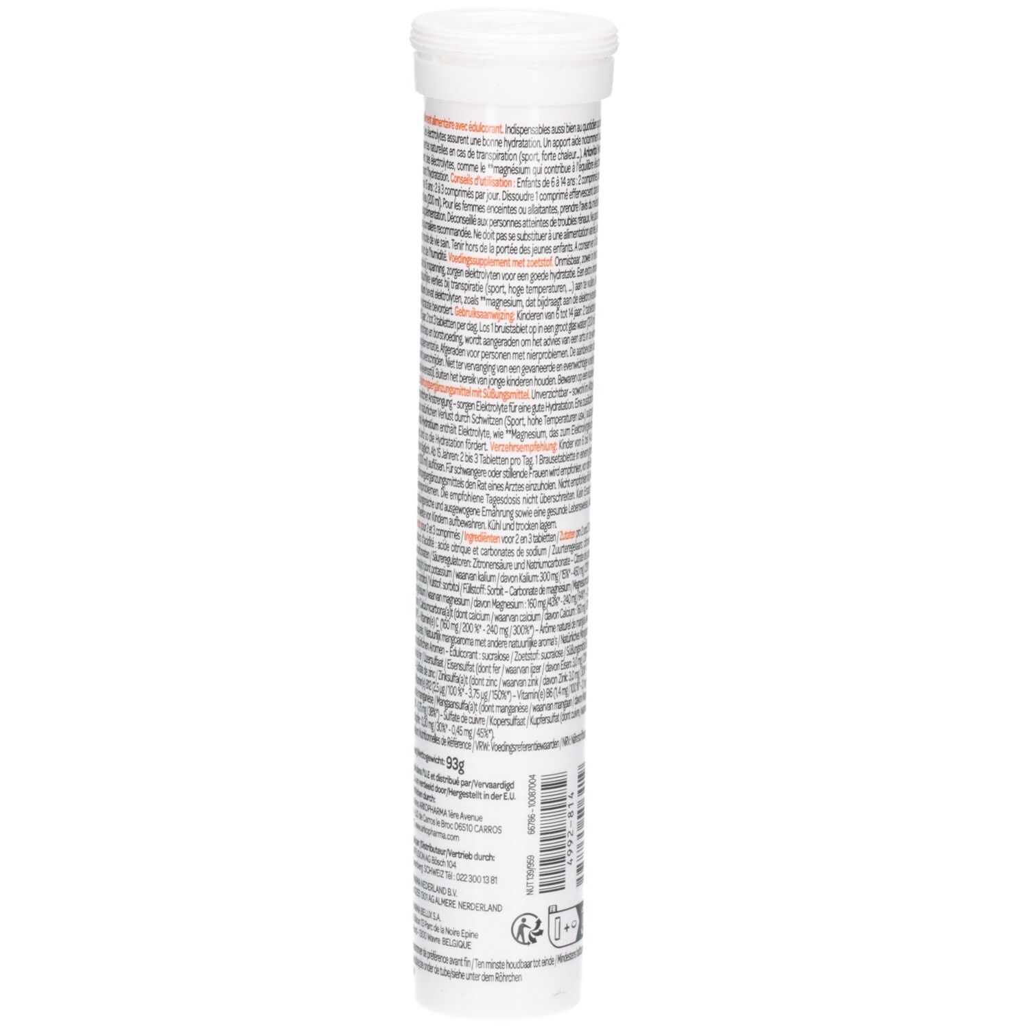Rückseite der Tablettentube. Text in mehreren Sprachen. Inhaltsstoffe und Nährwertangaben.