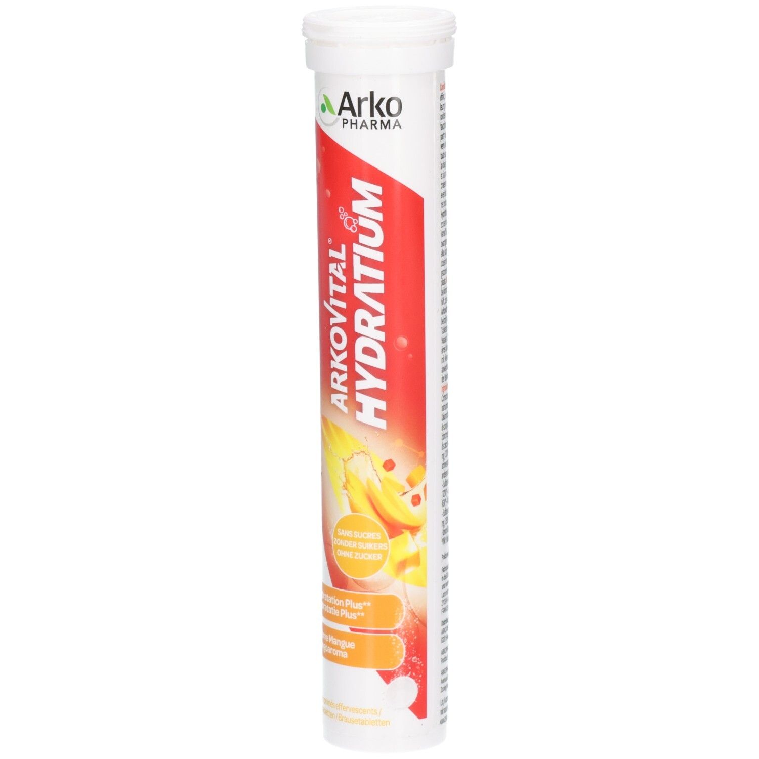 Zylindrische Tube mit Tabletten. Aufschrift: Arkopharma Arkovital Hydratium. Roter Hintergrund, gelbe Illustration.