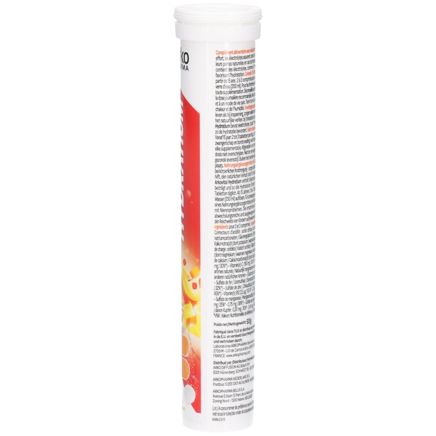 Rückseite der Tablettentube. Text in mehreren Sprachen. Inhaltsstoffe und Nährwertangaben.