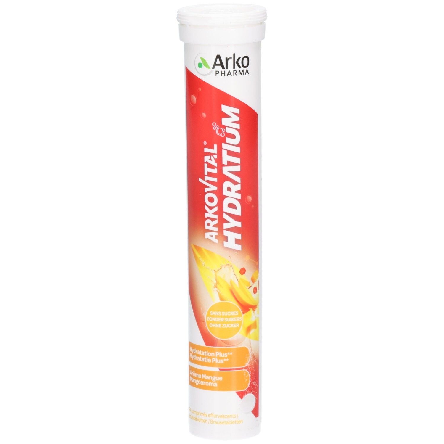 Zylindrische Tube mit Tabletten. Aufschrift: Arkopharma Arkovital Hydratium. Roter Hintergrund, gelbe Illustration.