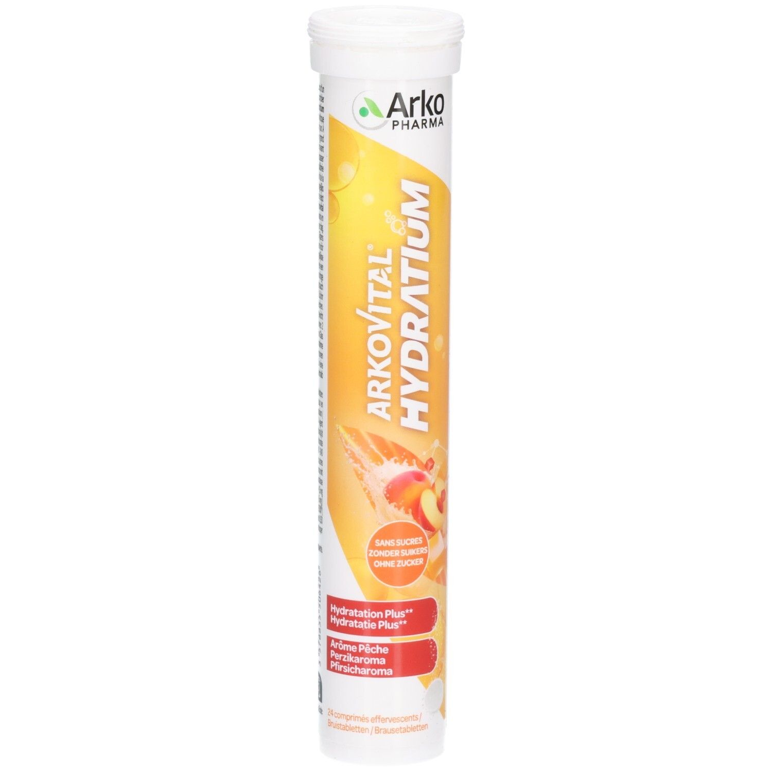 Zylindrische Verpackung von Arkovital Hydratium Pêche. Aufschrift: Arko Pharma, Hydratium, Pêche. Mit Pfirsich-Illustration.