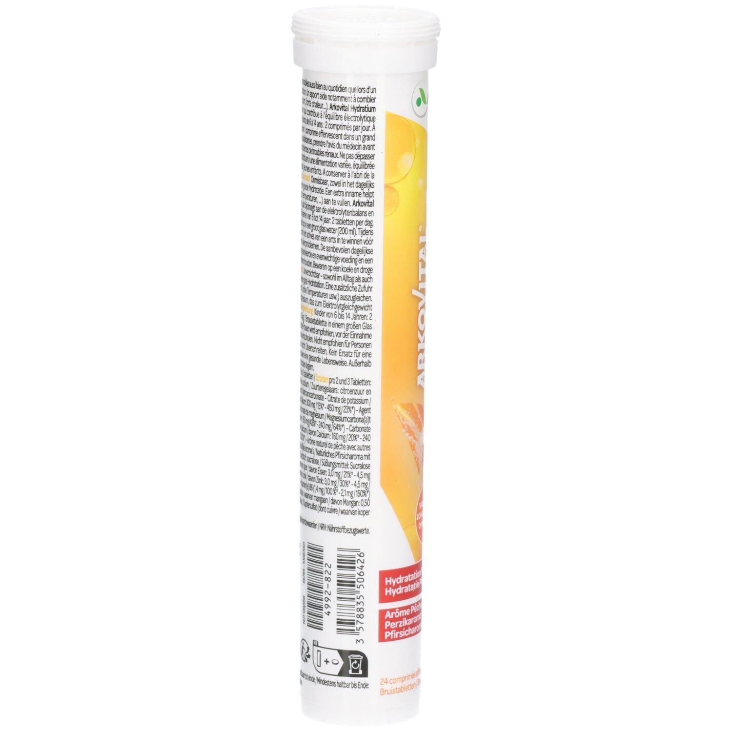 Zylindrische Verpackung mit Text. Enthält Informationen zu Arkovital Hydratium Pêche. Mit Inhaltsangaben und Gebrauchsanweisung.