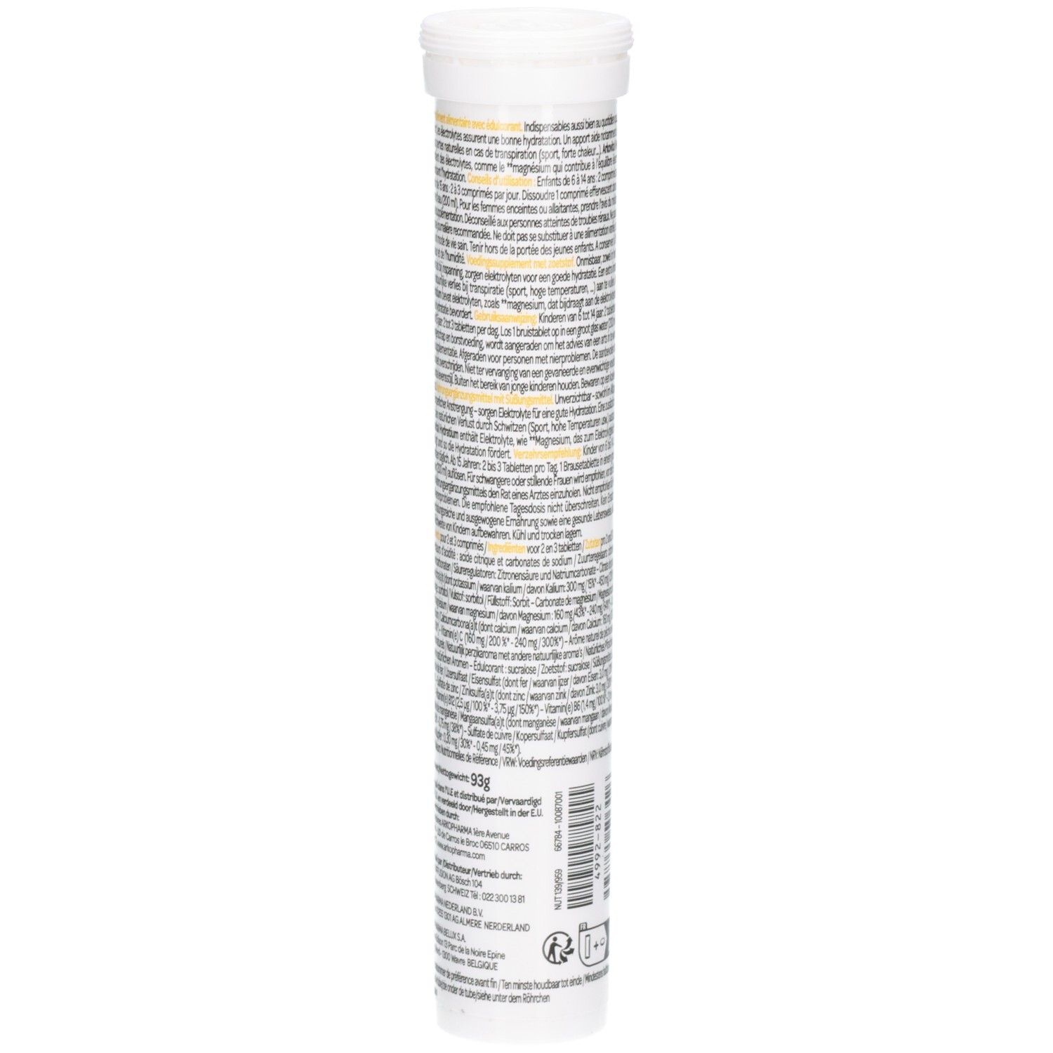 Zylindrische Verpackung mit Text. Enthält Informationen zu Arkovital Hydratium Pêche. Mit Inhaltsangaben und Gebrauchsanweisung.
