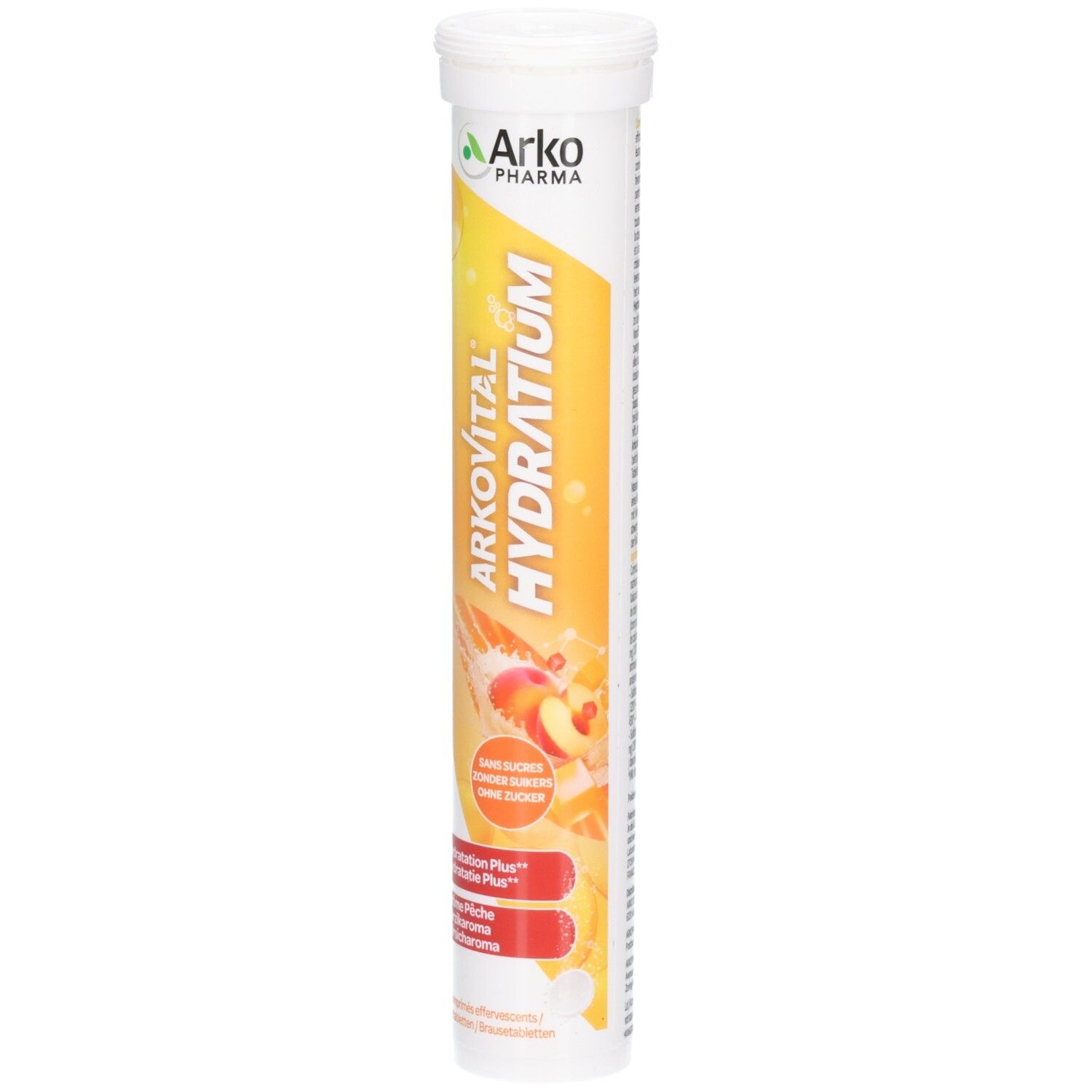 Zylindrische Verpackung von Arkovital Hydratium Pêche. Aufschrift: Arko Pharma, Hydratium, Pêche. Mit Pfirsich-Illustration.