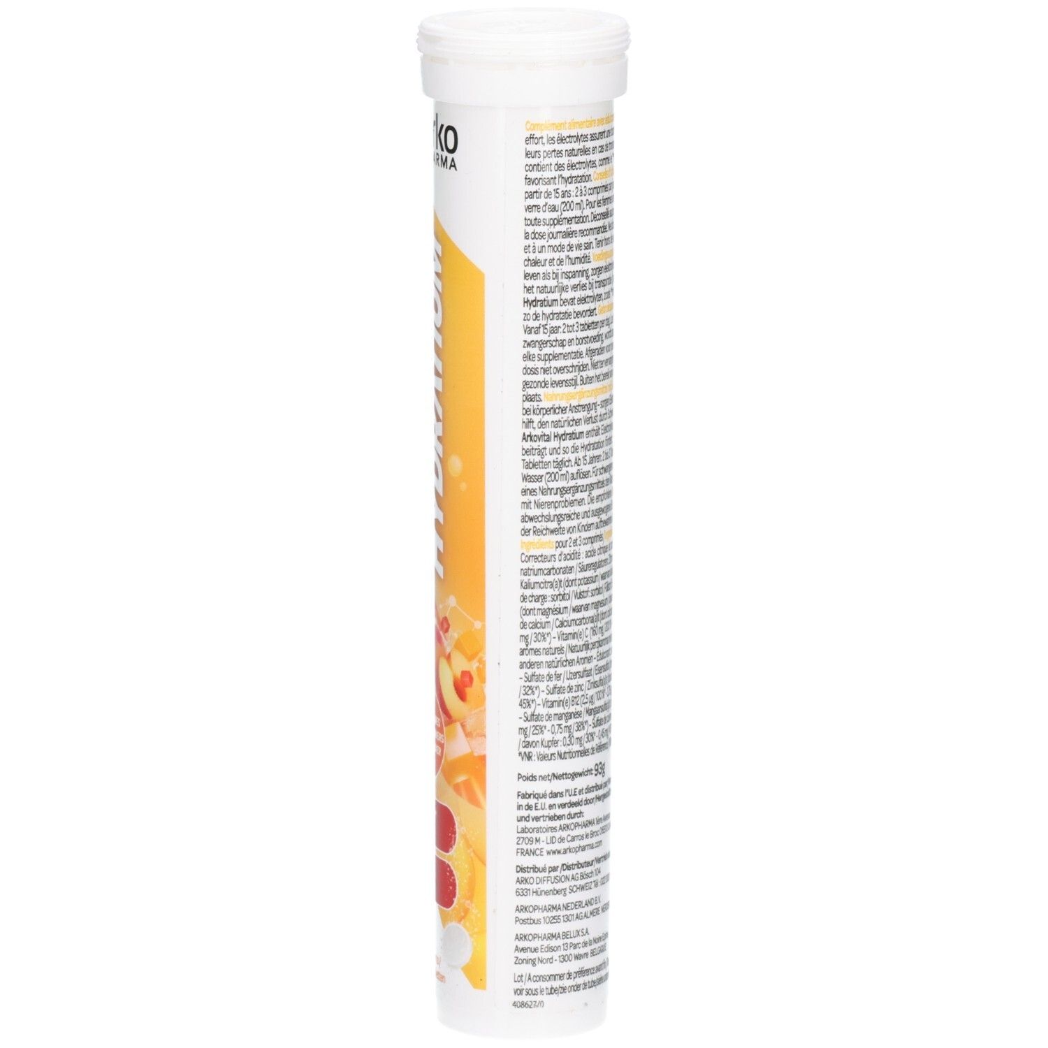Zylindrische Verpackung mit Text. Enthält Informationen zu Arkovital Hydratium Pêche. Mit Inhaltsangaben und Gebrauchsanweisung.