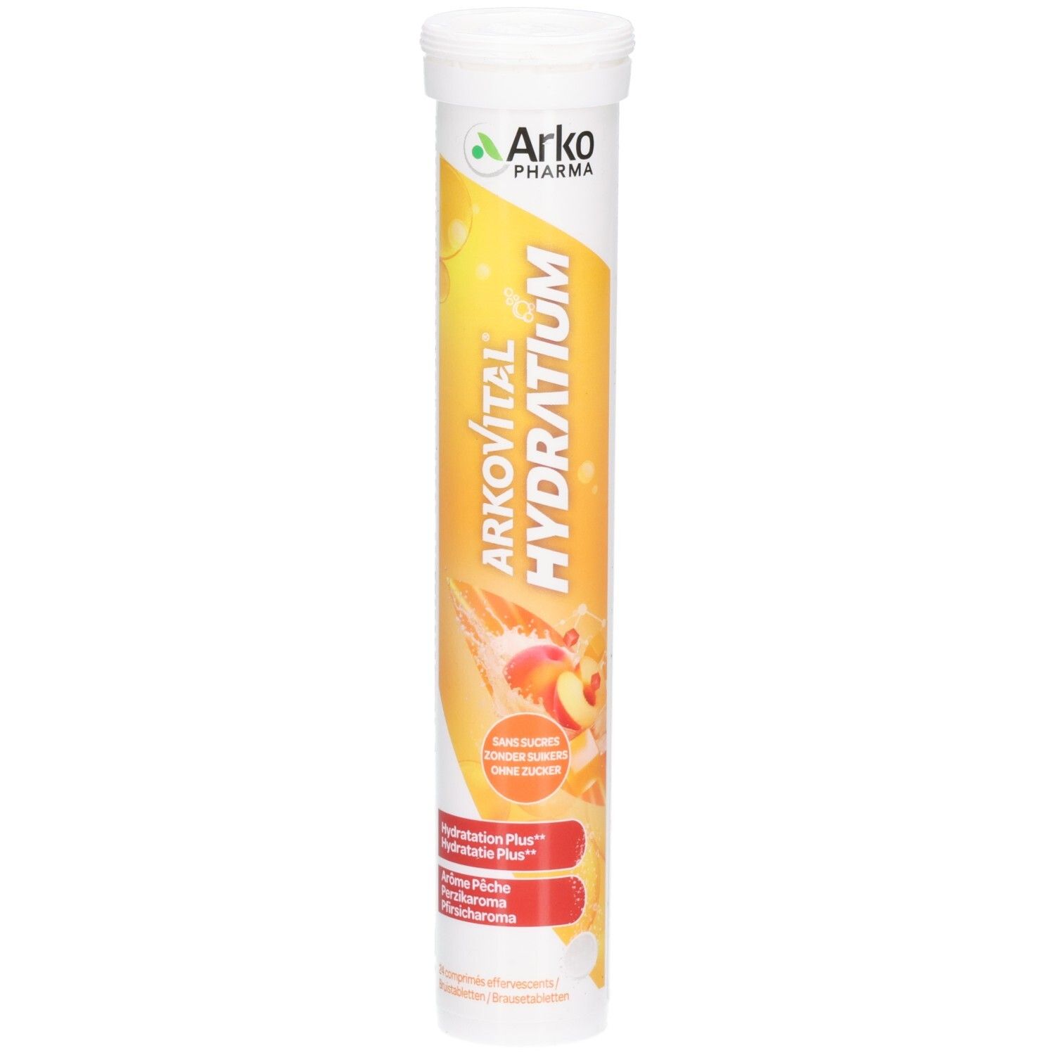 Zylindrische Verpackung von Arkovital Hydratium Pêche. Aufschrift: Arko Pharma, Hydratium, Pêche. Mit Pfirsich-Illustration.