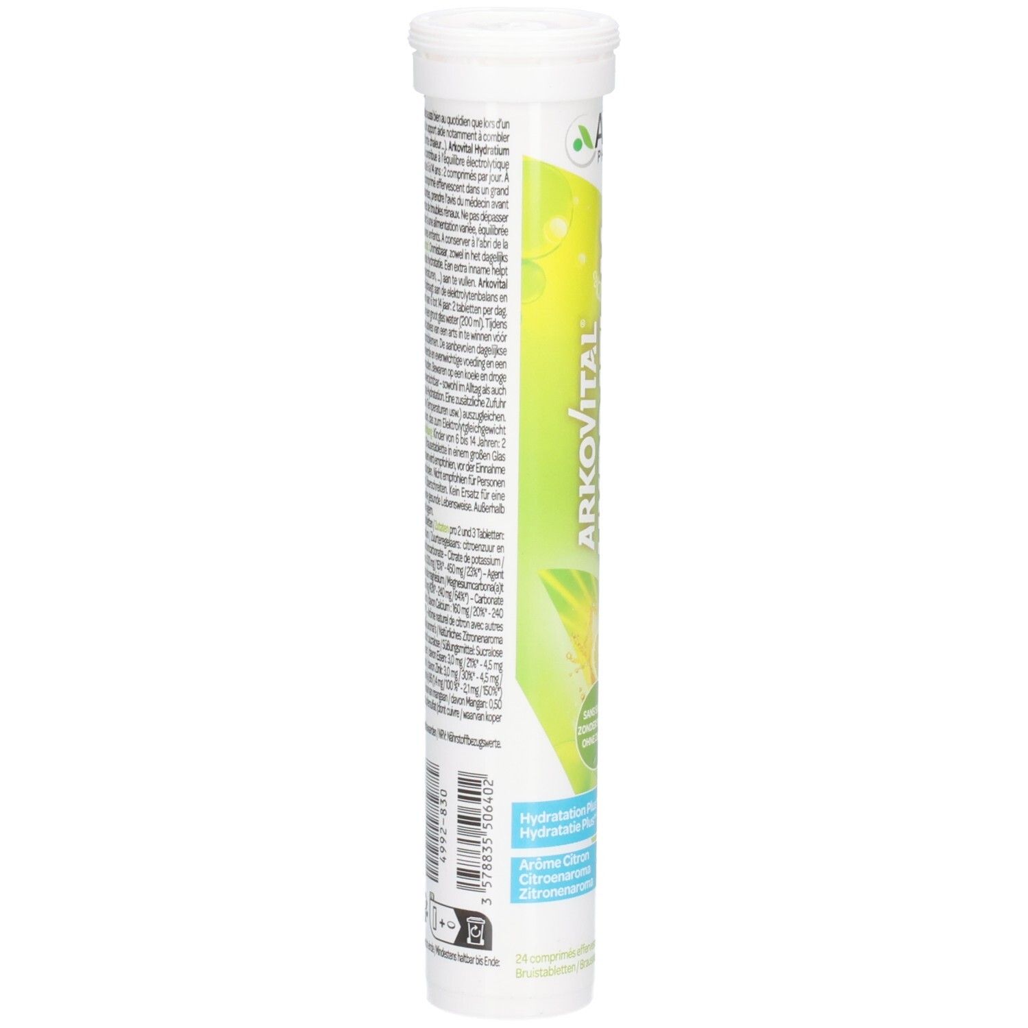 Rückseite der Arkopharma Arkovital Hydratium Röhrchen-Verpackung mit detaillierten Informationen.