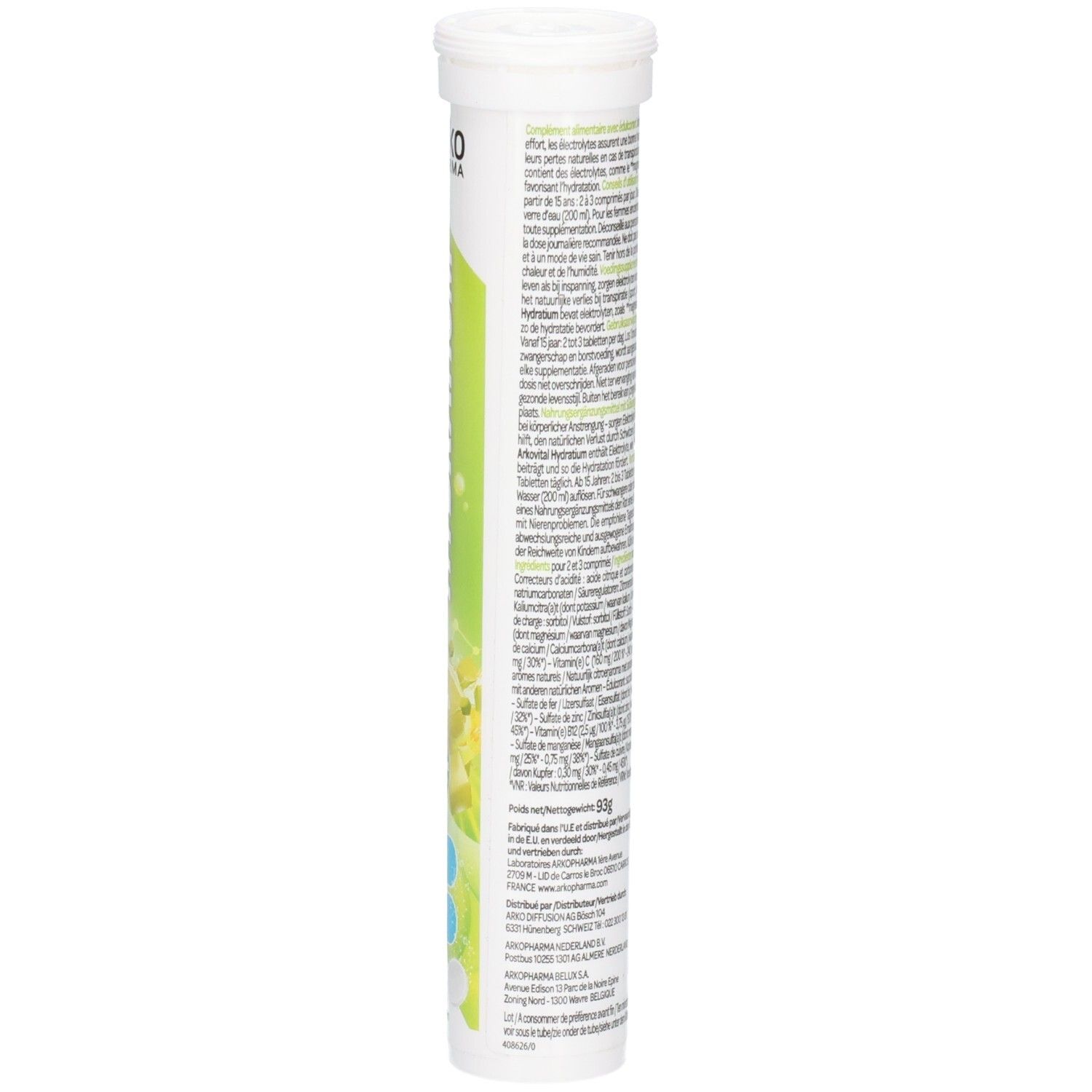 Seitenansicht der Arkopharma Arkovital Hydratium Röhrchen-Verpackung mit detaillierten Anwendungshinweisen.