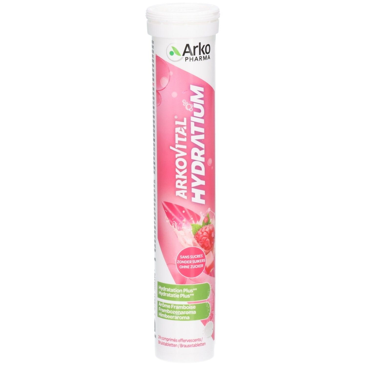 Zylindrische Verpackung mit weißem Deckel. Aufschrift: Arkopharma, Arkovital Hydratium. Rosa Hintergrund mit Himbeeren. Hydratation Plus.