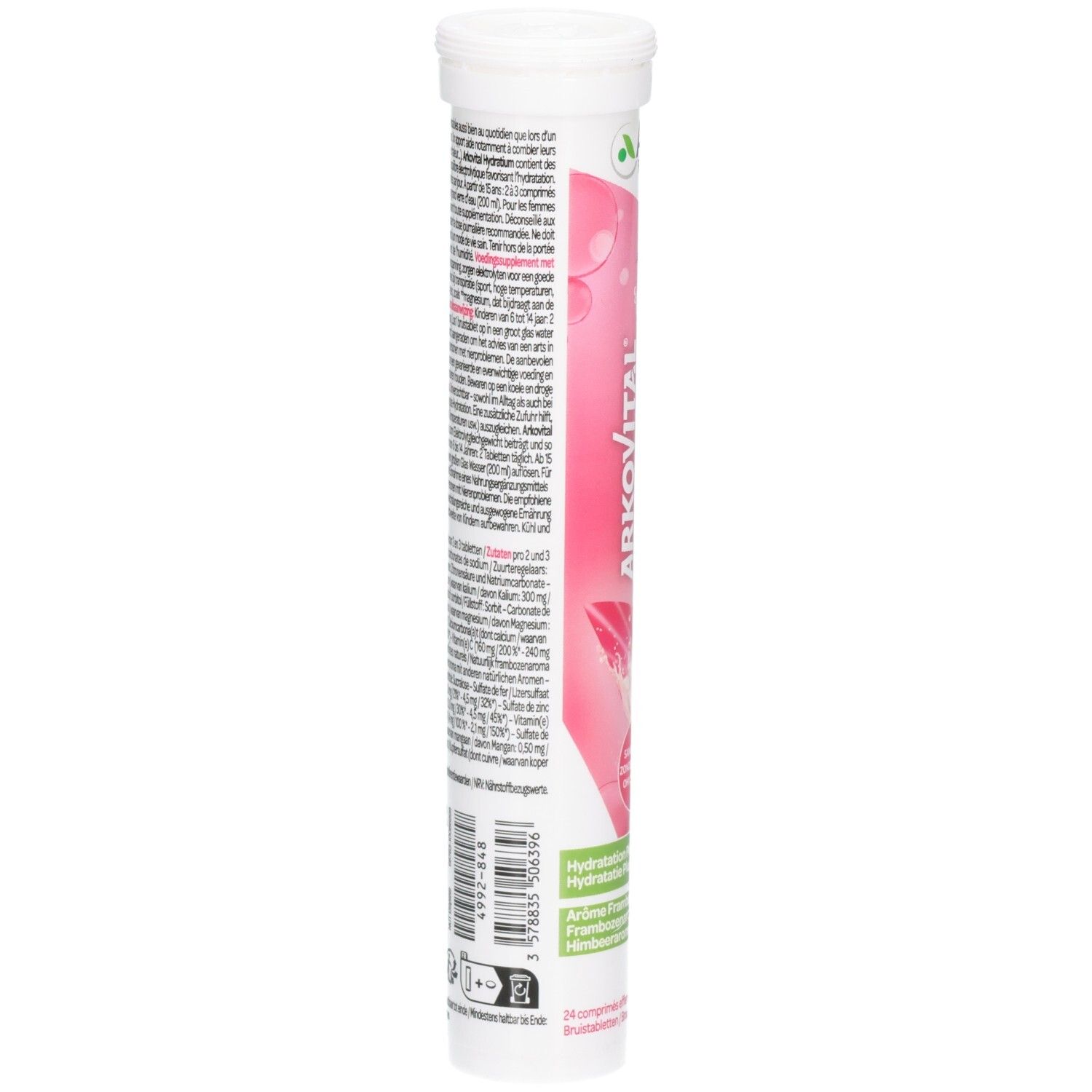 Zylindrische Verpackung mit weißem Deckel. Text auf der Rückseite. Enthält Informationen über Inhaltsstoffe und Nährwerte. Rosa und weiße Schrift.