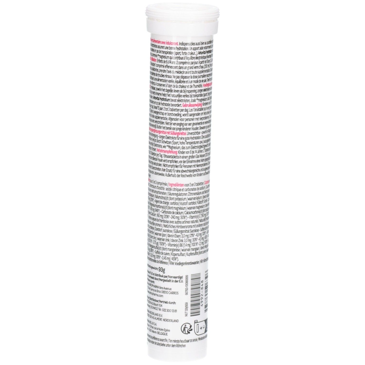 Zylindrische Verpackung mit weißem Deckel. Text auf der Rückseite. Enthält Informationen über Inhaltsstoffe und Nährwerte. Rosa und weiße Schrift.