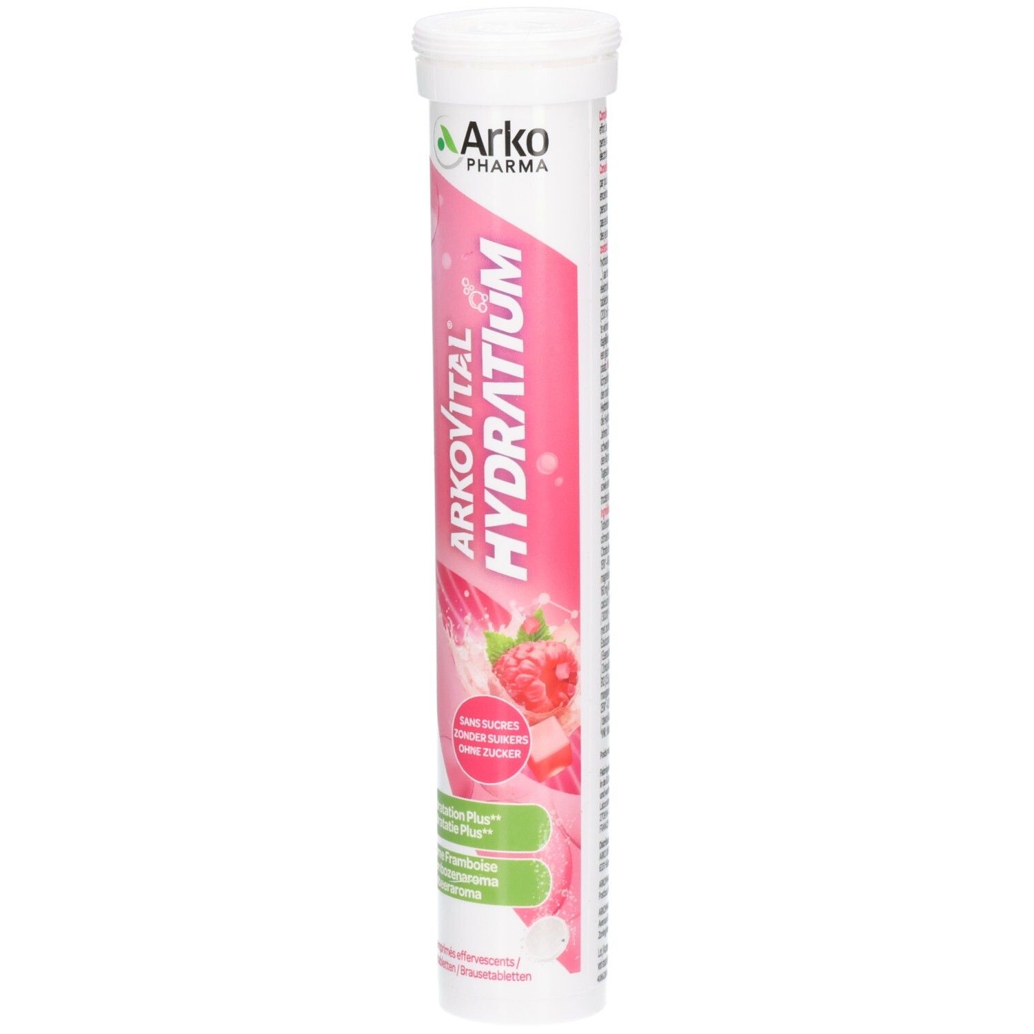 Zylindrische Verpackung mit weißem Deckel. Aufschrift: Arkopharma, Arkovital Hydratium. Rosa Hintergrund mit Himbeeren. Hydratation Plus.