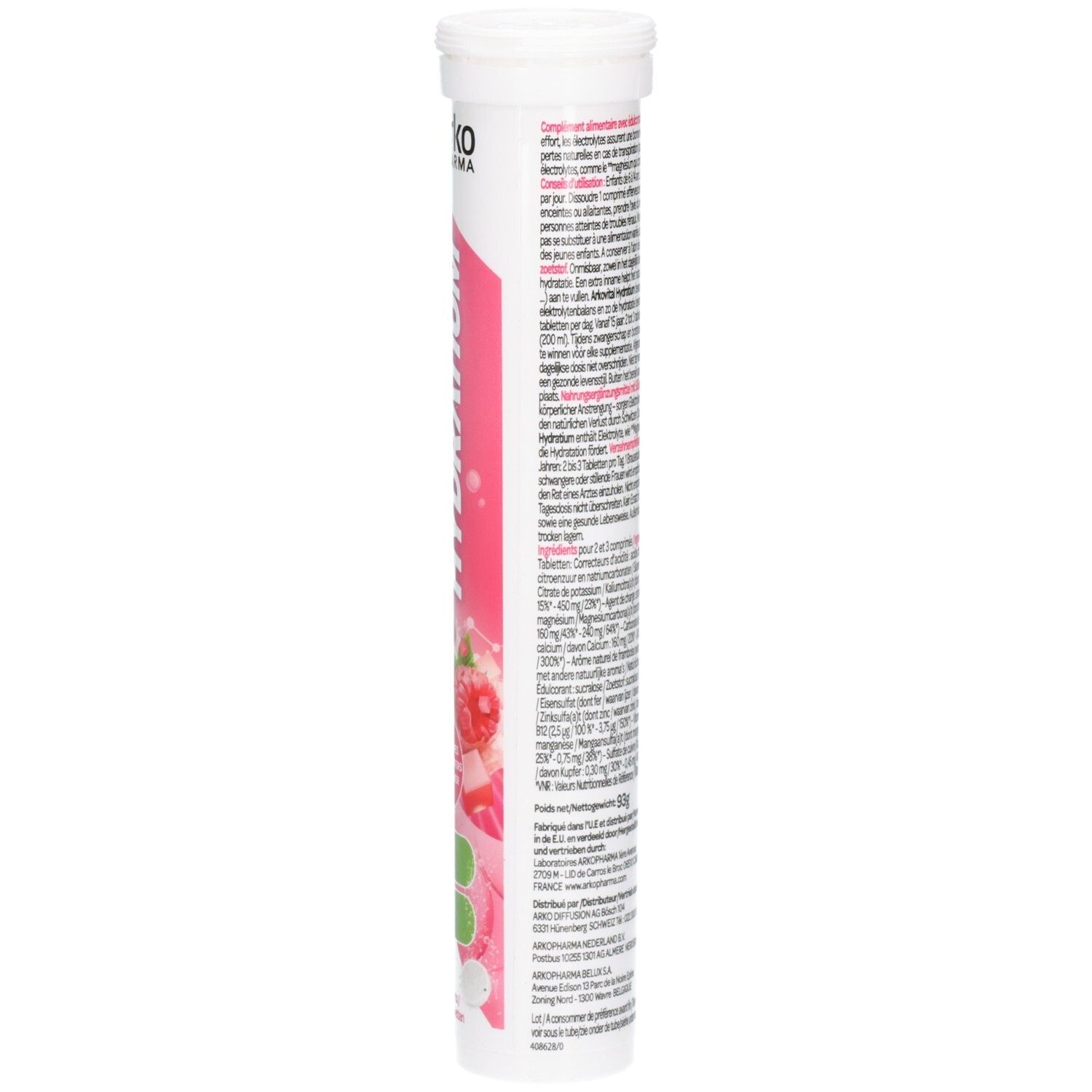 Zylindrische Verpackung mit weißem Deckel. Text auf der Rückseite. Enthält Informationen über Inhaltsstoffe und Nährwerte. Rosa und weiße Schrift.