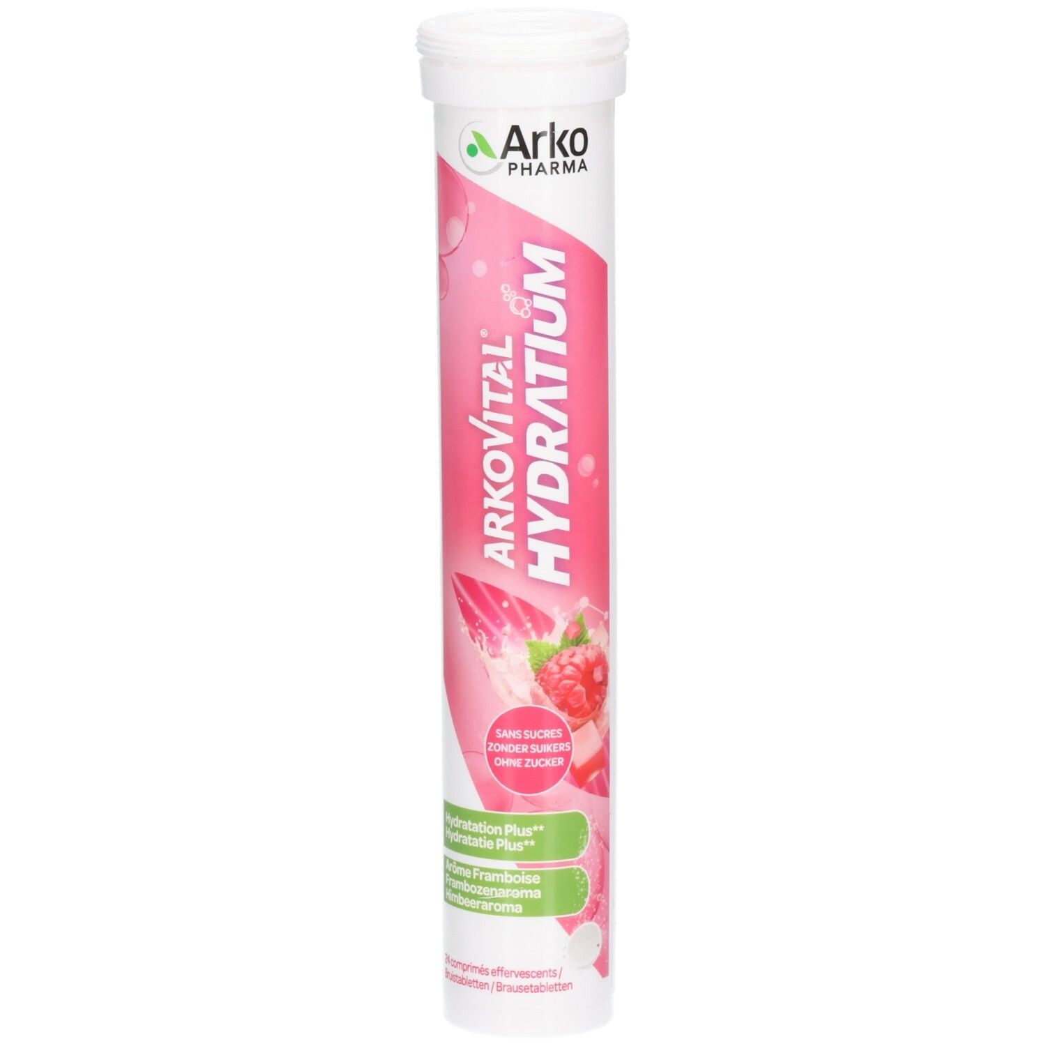 Zylindrische Verpackung mit weißem Deckel. Aufschrift: Arkopharma, Arkovital Hydratium. Rosa Hintergrund mit Himbeeren. Hydratation Plus.
