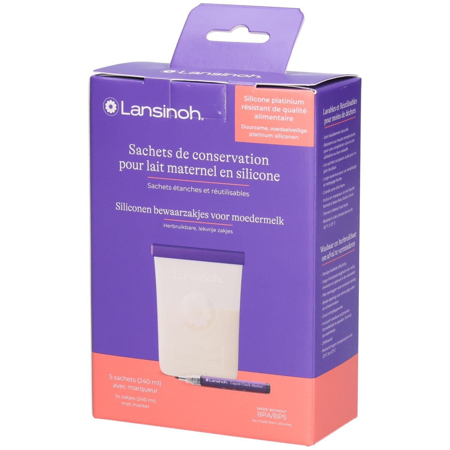 Lansinoh Muttermilchbeutel aus Silikon, 3 Stück (240 ml) mit Markierstift.