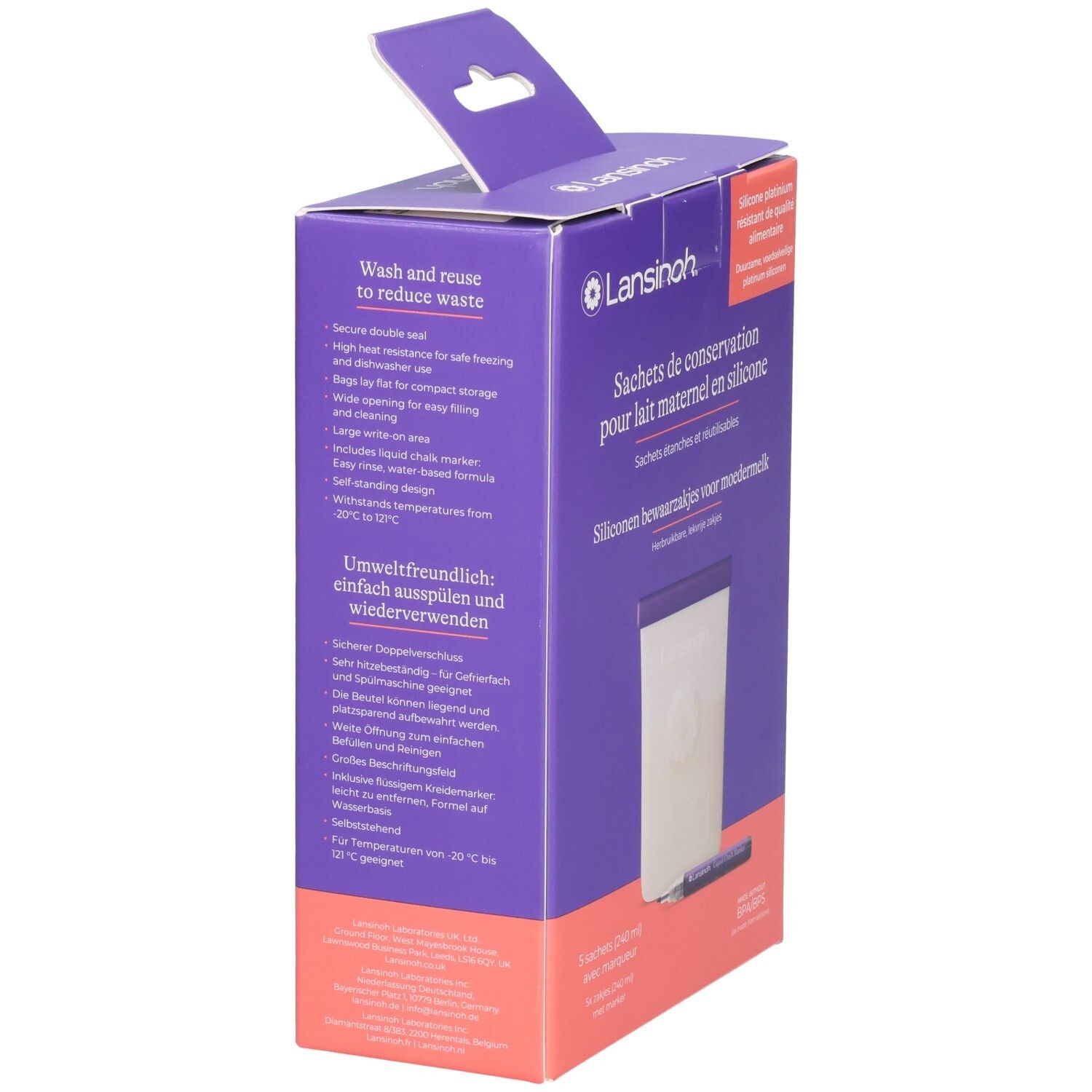 Lansinoh Muttermilchbeutel aus Silikon, 3 Stück (240 ml) mit Markierstift.