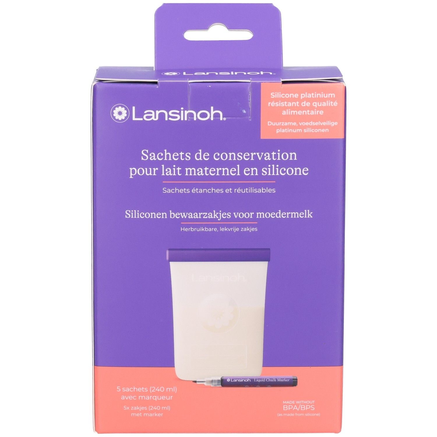 Lansinoh Muttermilchbeutel aus Silikon, 3 Stück (240 ml) mit Markierstift.