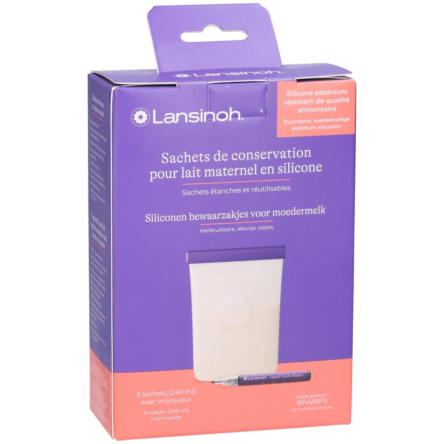 Lansinoh Muttermilchbeutel aus Silikon, 3 Stück (240 ml) mit Markierstift.