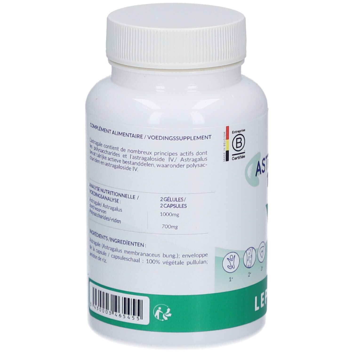 Rückseite der Flasche. Text: Nahrungsergänzungsmittel. Inhaltsstoffe, Nährwertanalyse, Lepivits.