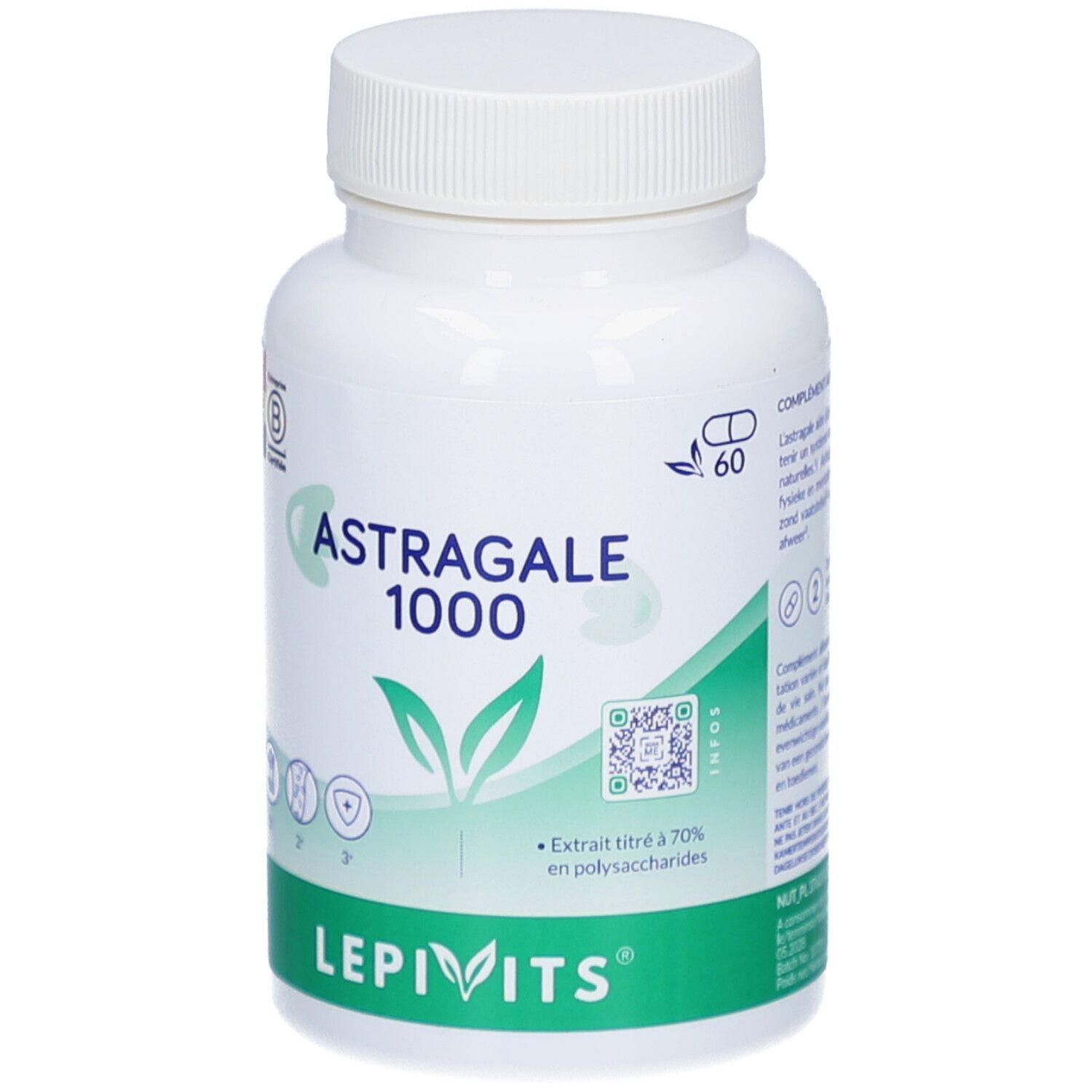 Weiße Flasche mit Kapseln. Aufschrift Astragale 1000, Lepivits. 60 Kapseln.