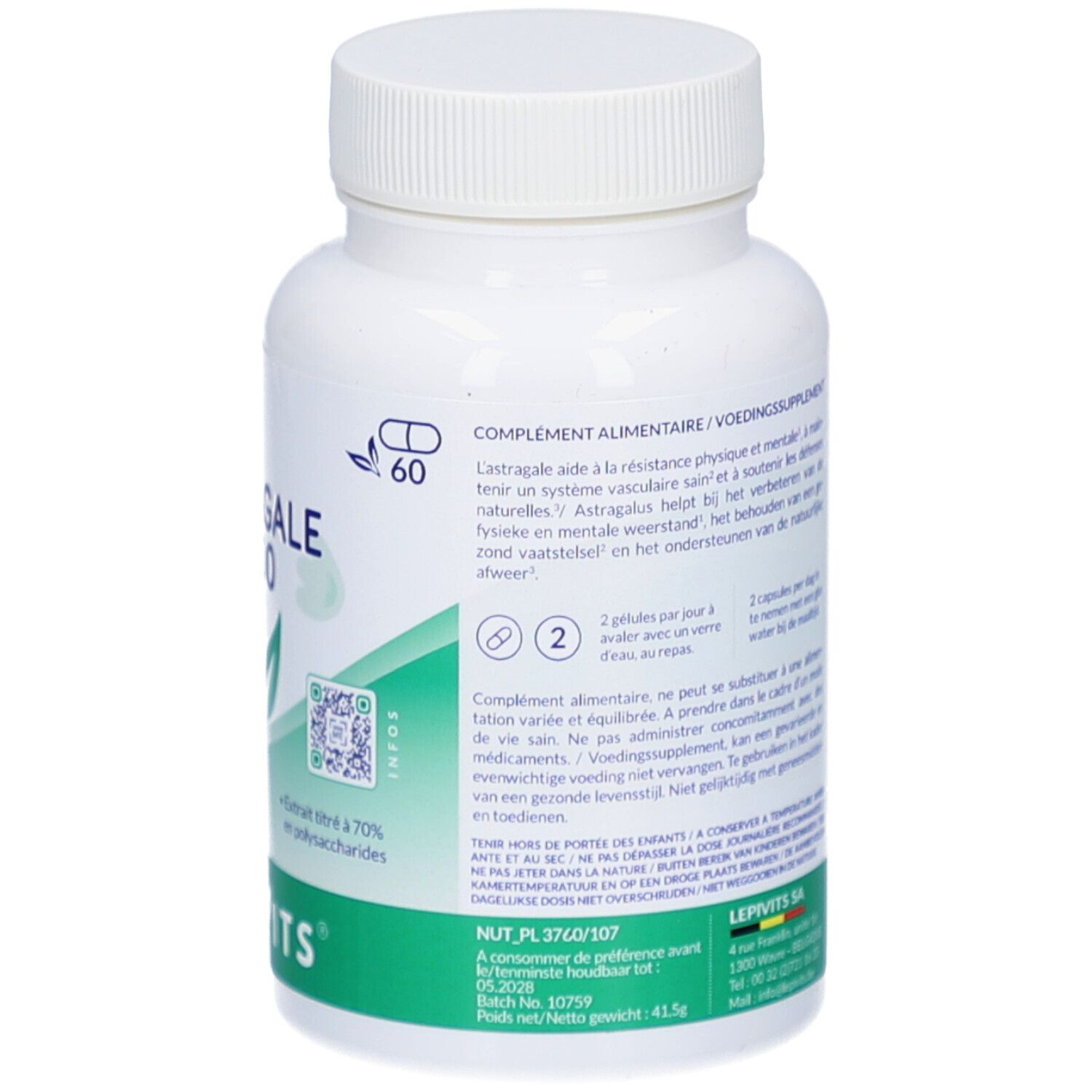 Rückseite der Flasche. Text: Nahrungsergänzungsmittel. 60 Kapseln. Lepivits.