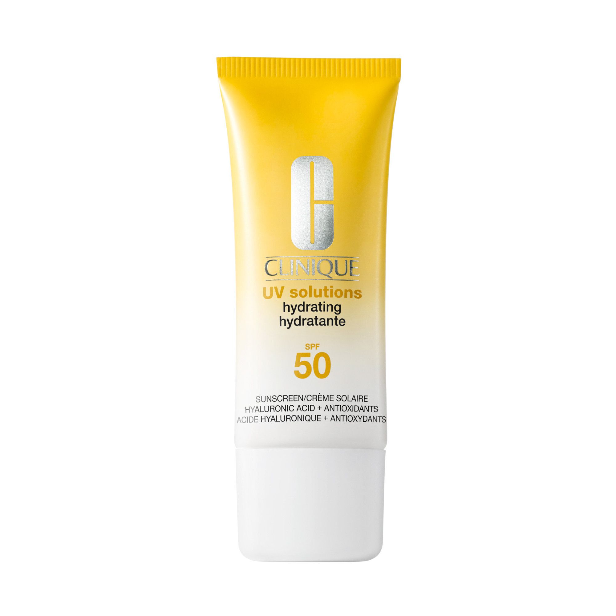 Gelbe Tube mit weißem Deckel. Aufschrift: Clinique UV solutions hydrating hydratante SPF 50. Sonnencreme.