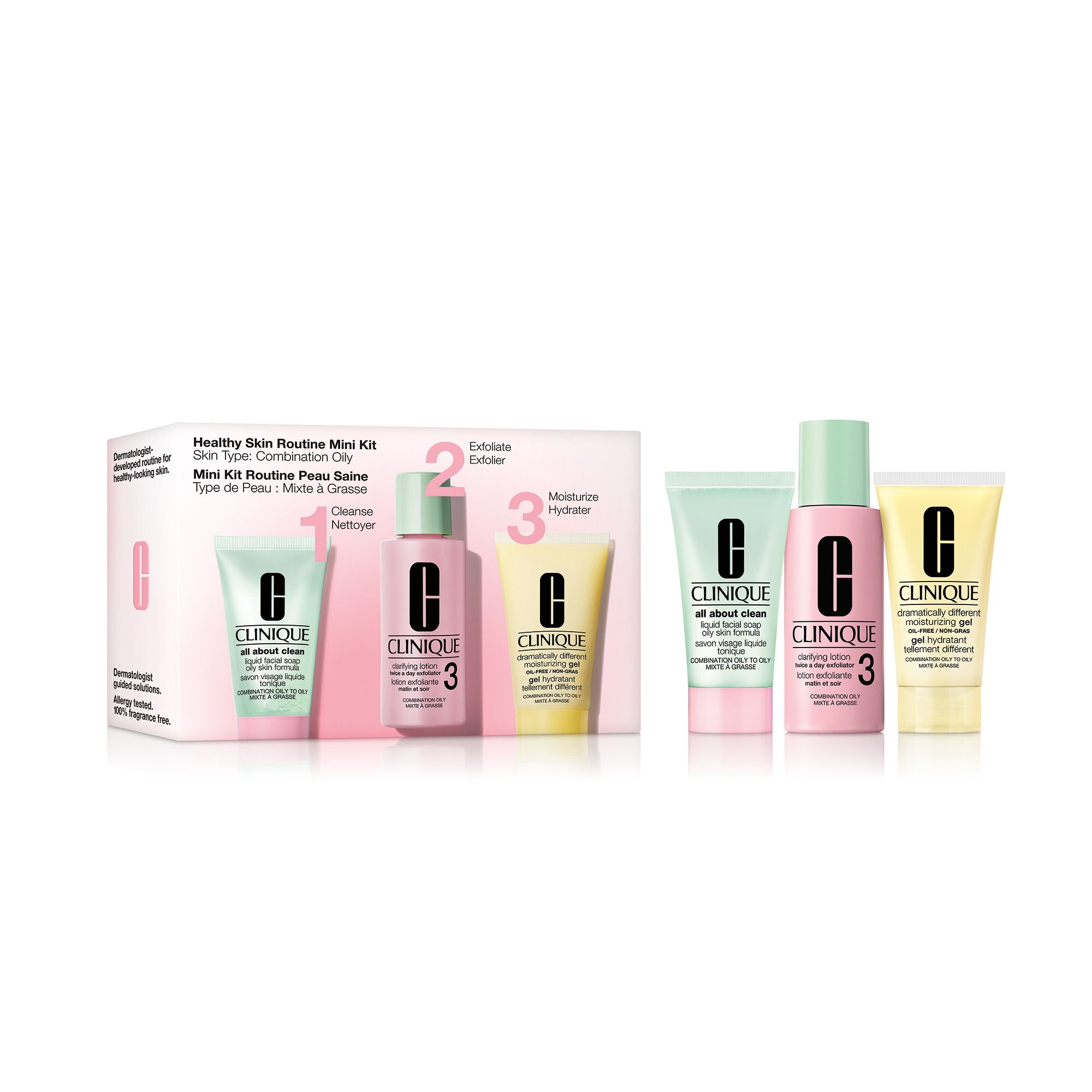 Mini Kit Routine Peau Saine. Contient nettoyant, lotion et hydratant. Pour peaux mixtes à grasses.