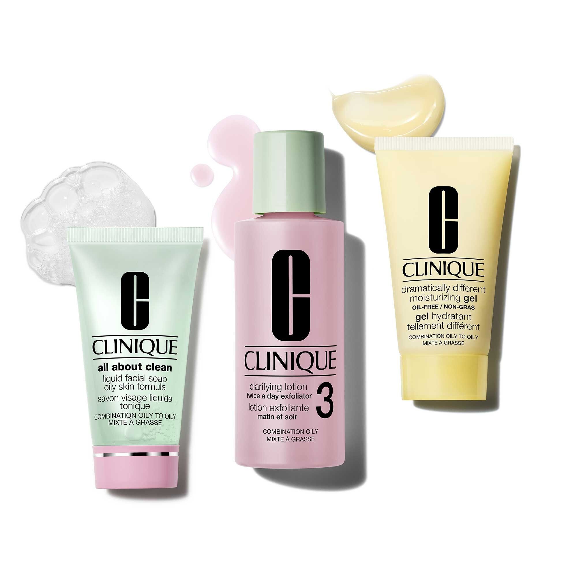 Trois produits: nettoyant, lotion et hydratant. Pour peaux mixtes à grasses. Marque Clinique.