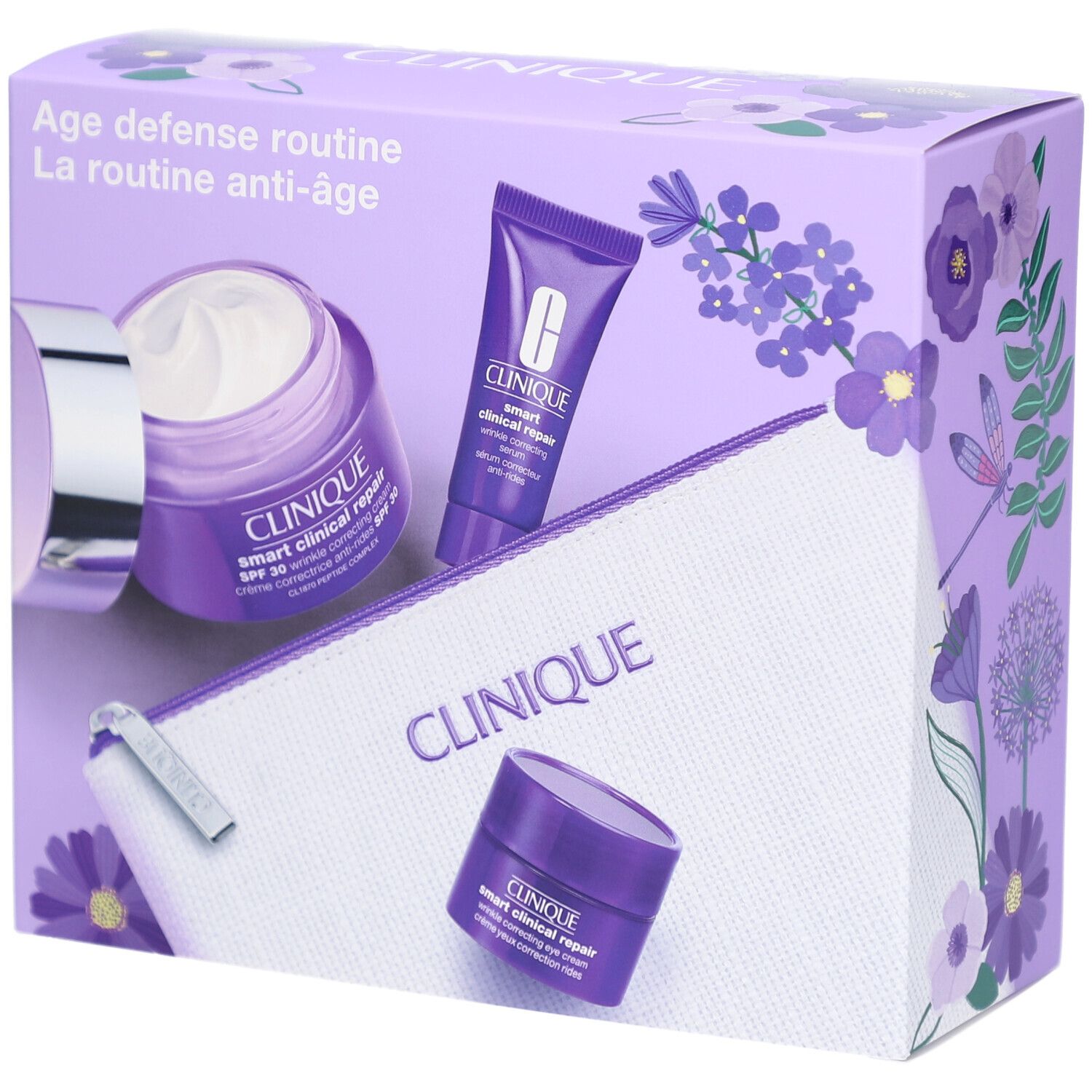 Geschenkset mit Cremes und Kosmetiktasche. Lila Verpackung mit Produktabbildungen. Marke Clinique.