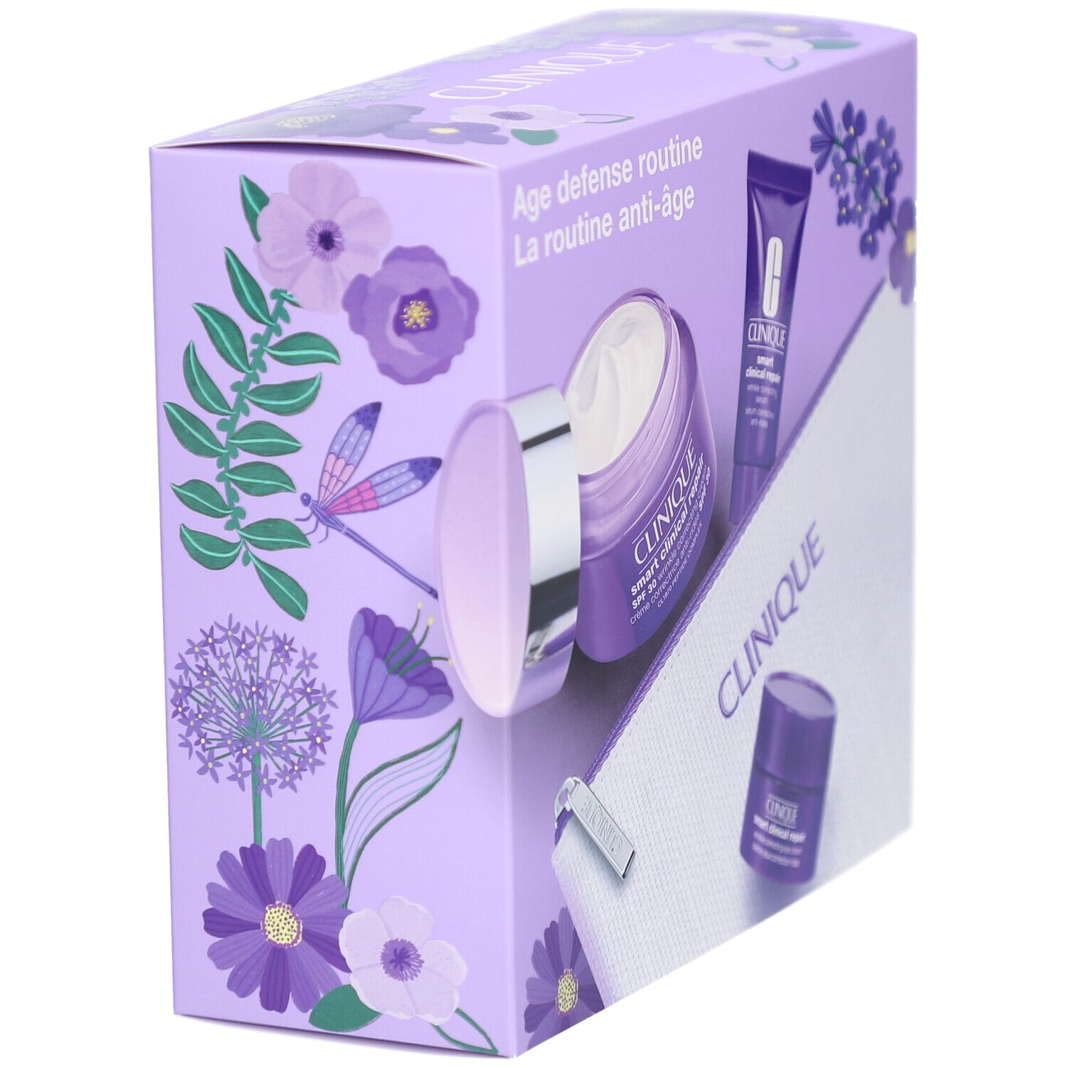 Lila Geschenkbox mit Clinique Produkten. Aufdruck mit Blumen und Libellen. Winkelansicht.