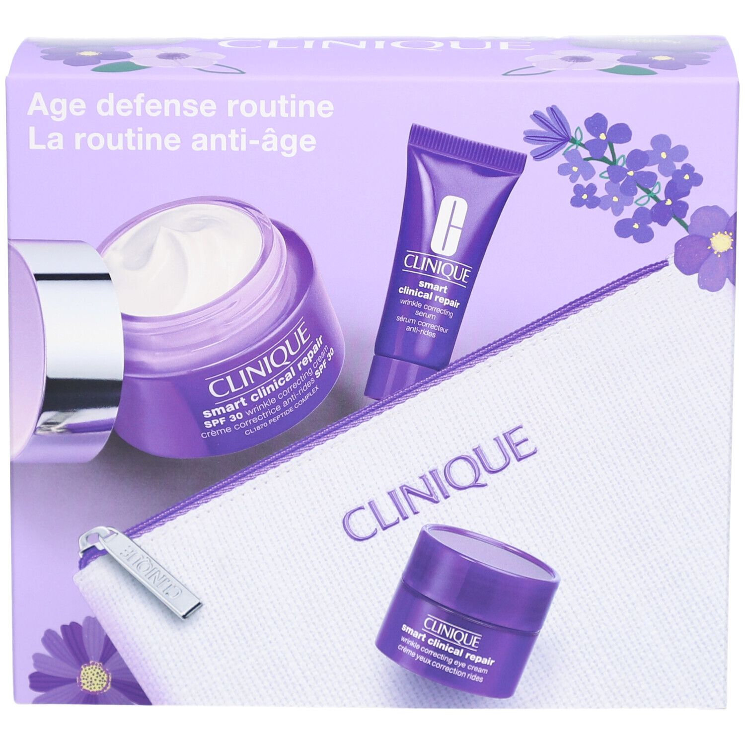 Geschenkset mit Cremes, Tube und Kosmetiktasche. Lila Verpackung. Marke Clinique.