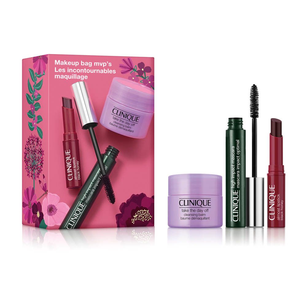 Clinique Kosmetikset mit Mascara, Lippenstift und Reinigungsbalsam in einer Geschenkbox und einzeln.