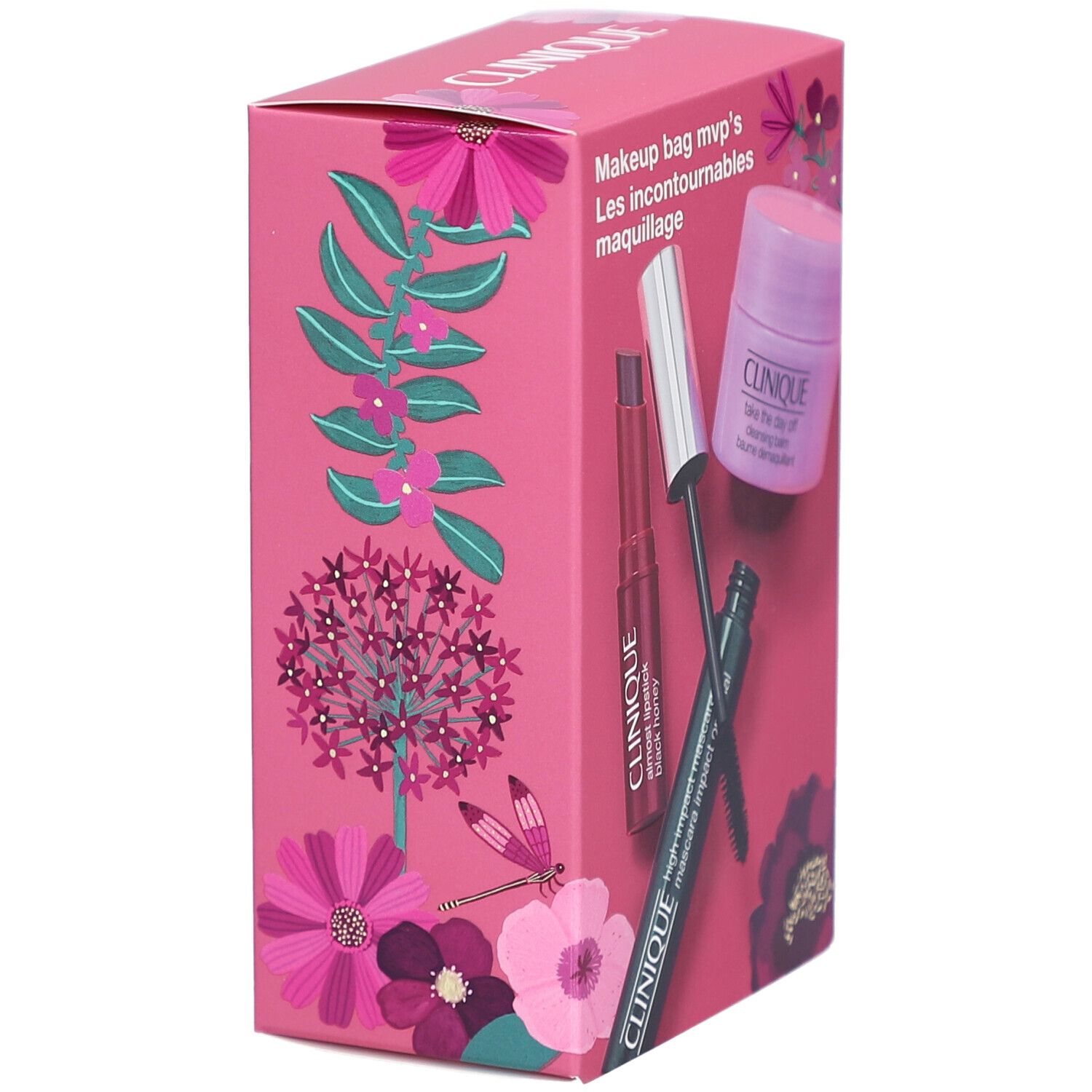 Seitenansicht der rosa Geschenkbox mit Clinique-Produkten. Enthält Mascara, Lippenstift und Reinigungsbalsam. Text: Makeup bag mvp's, Les incontournables maquillage.