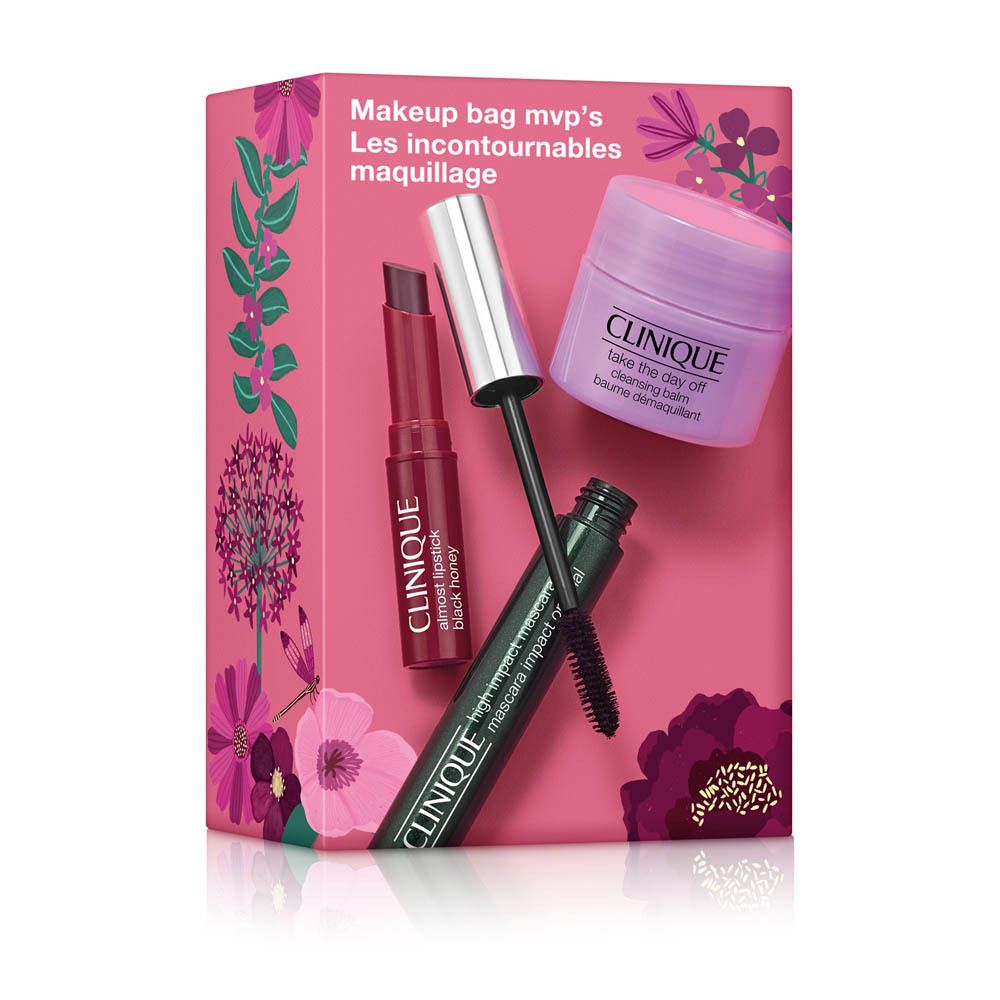 Clinique Make-up Tasche mit Lippenstift, Mascara und Reinigungsbalsam.